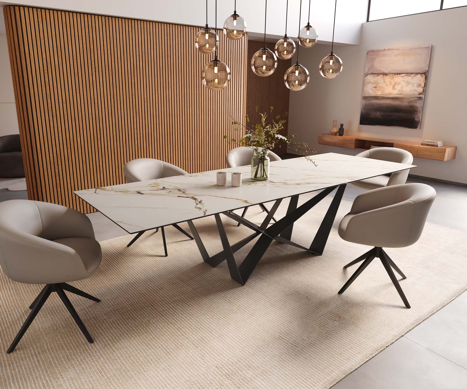 Трапезна маса Edge 300x100, керамика Calacatta Luxe, бяло-златно-сиво, Spider, плоска стомана, черно 8
