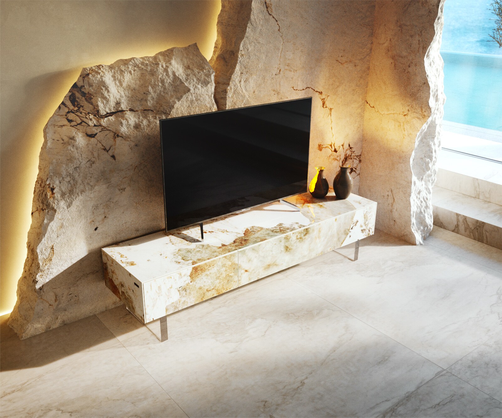 Ниска дъска Cuor 150 см Керамика Minas Melange Бяло-бежово 1 клапа 1 чекмедже Основа Плаващ вид акрилно стъкло 3