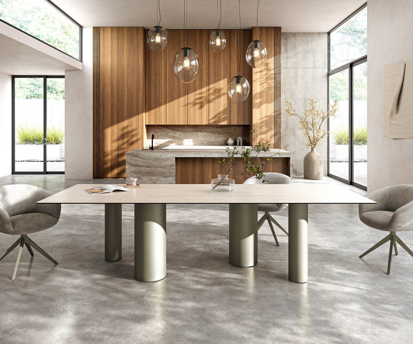 Трапезна маса Edge 300x100, керамика Laminam „®“, Travertino Bianco (кремаво-бял), метални колони с титанов ефект 2