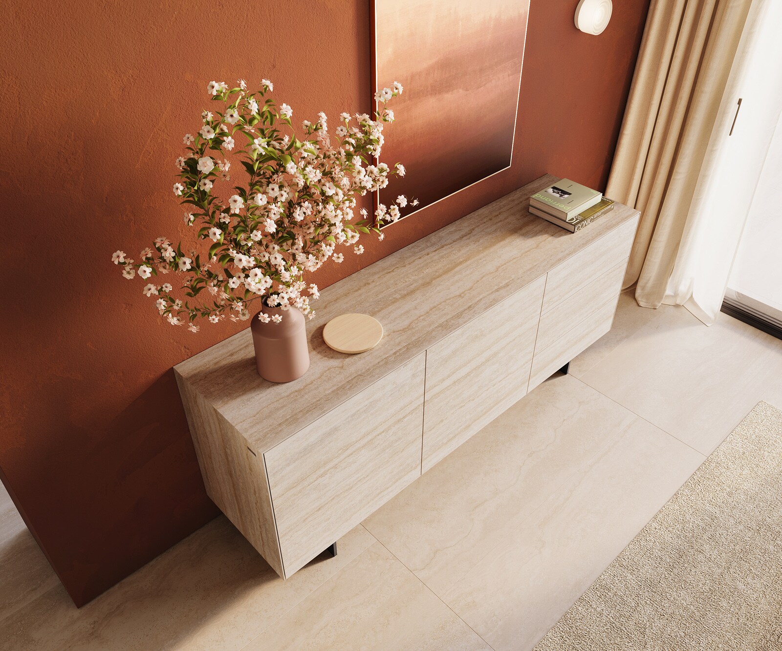 Бюфет Cuor 180 cm Керамичен ламинат® Travertino Bianco Крем-бяло 2 врати 3 чекмеджета Основа Плаващ вид Метал Черен 3