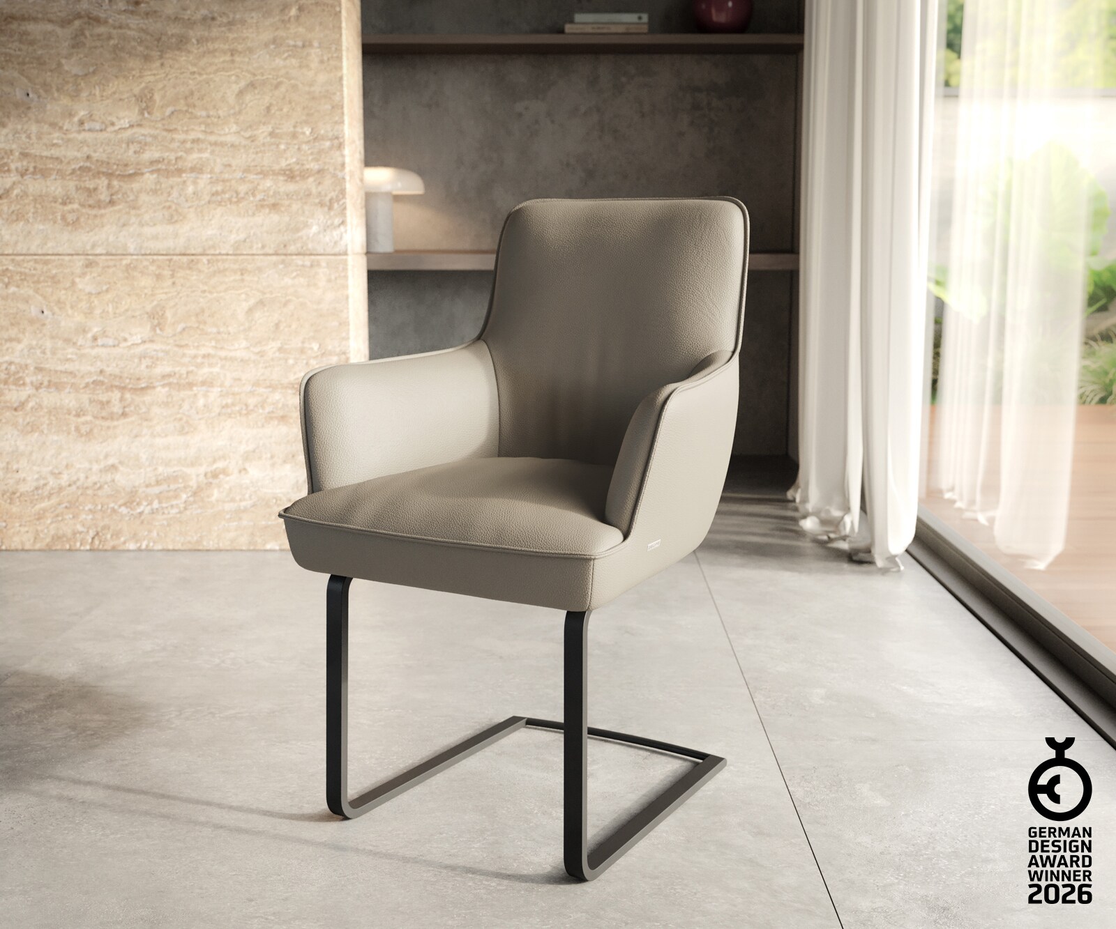 Люлеещ стол с подлакътници Естествена кожа Сиво-Кафяв Конзолен крак плосък Черен Покет пружина Heira-Flex