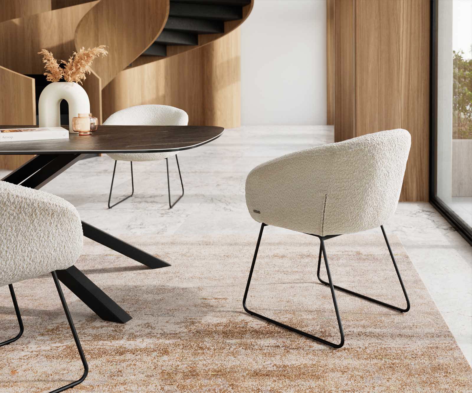 Трапезен стол с подлакътници Букле Бял Извити крака Черен Покет пружина Vinka-Flex 5 Трапезен стол с подлакътници Букле Бял Извити крака Черен Покет пружина Vinka-Flex 5