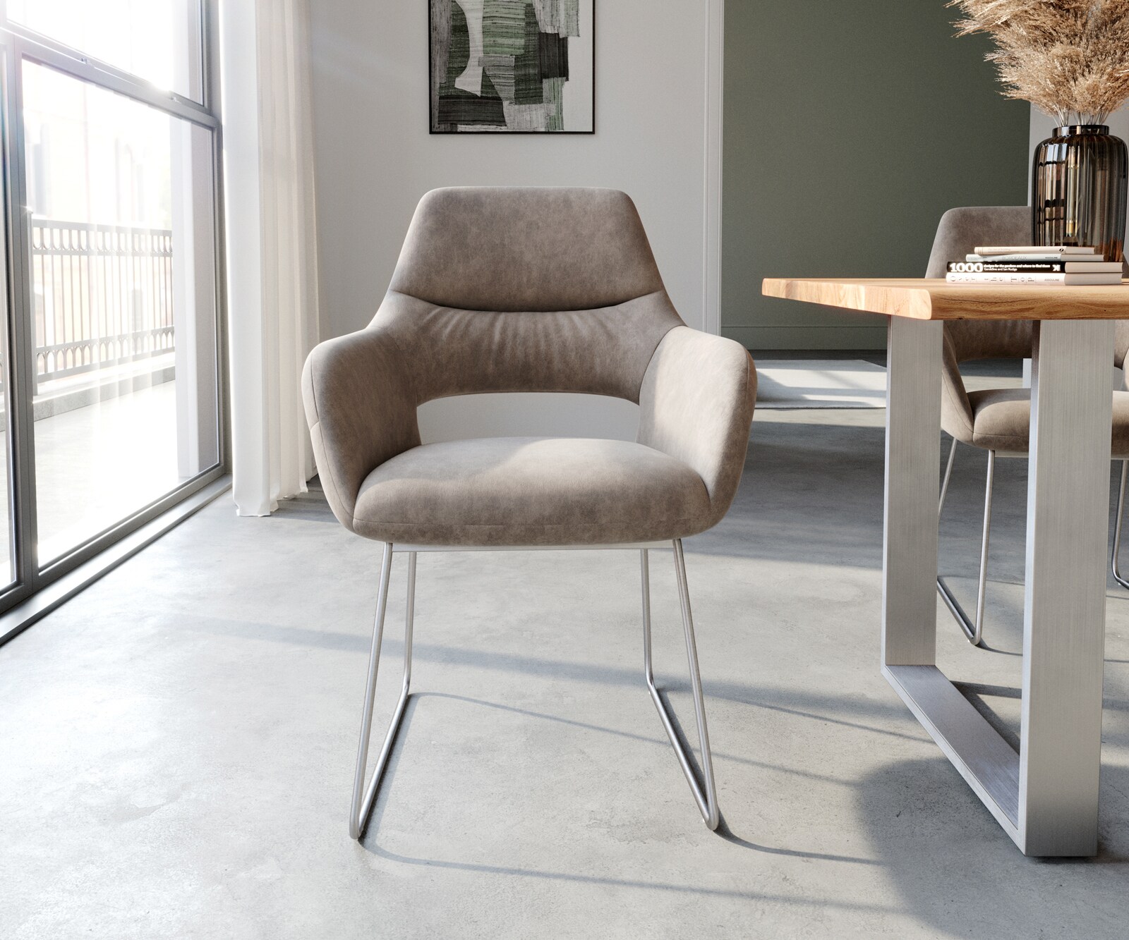 Стол с подлакътници Таупе Винтидж Извити крака Неръждаема стомана Yago-Flex 2