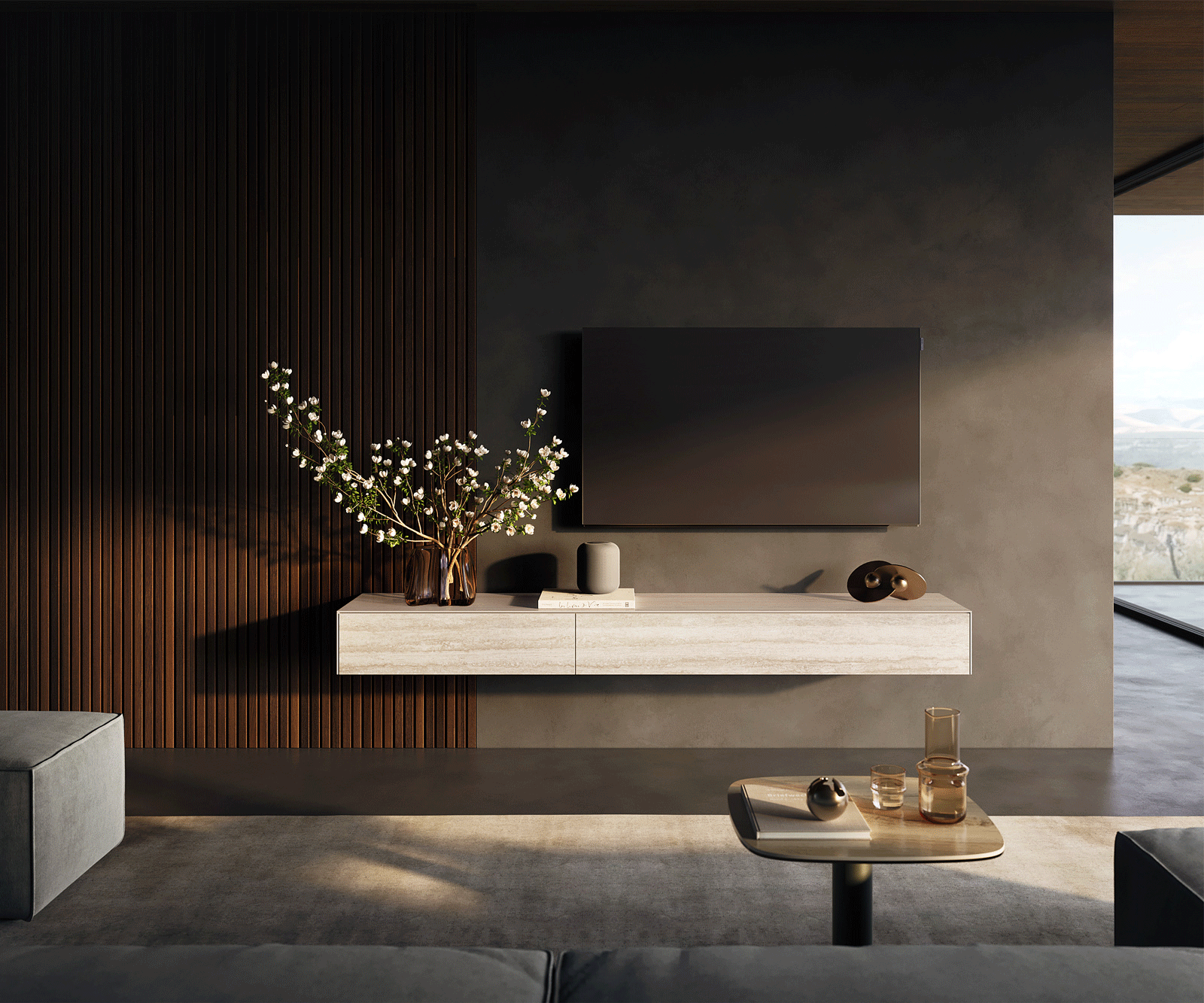 Стенен ТВ шкаф Cuor 200 см Керамика Laminam® Travertino Bianco Крем-бяло 1 врата 1 чекмедже 1