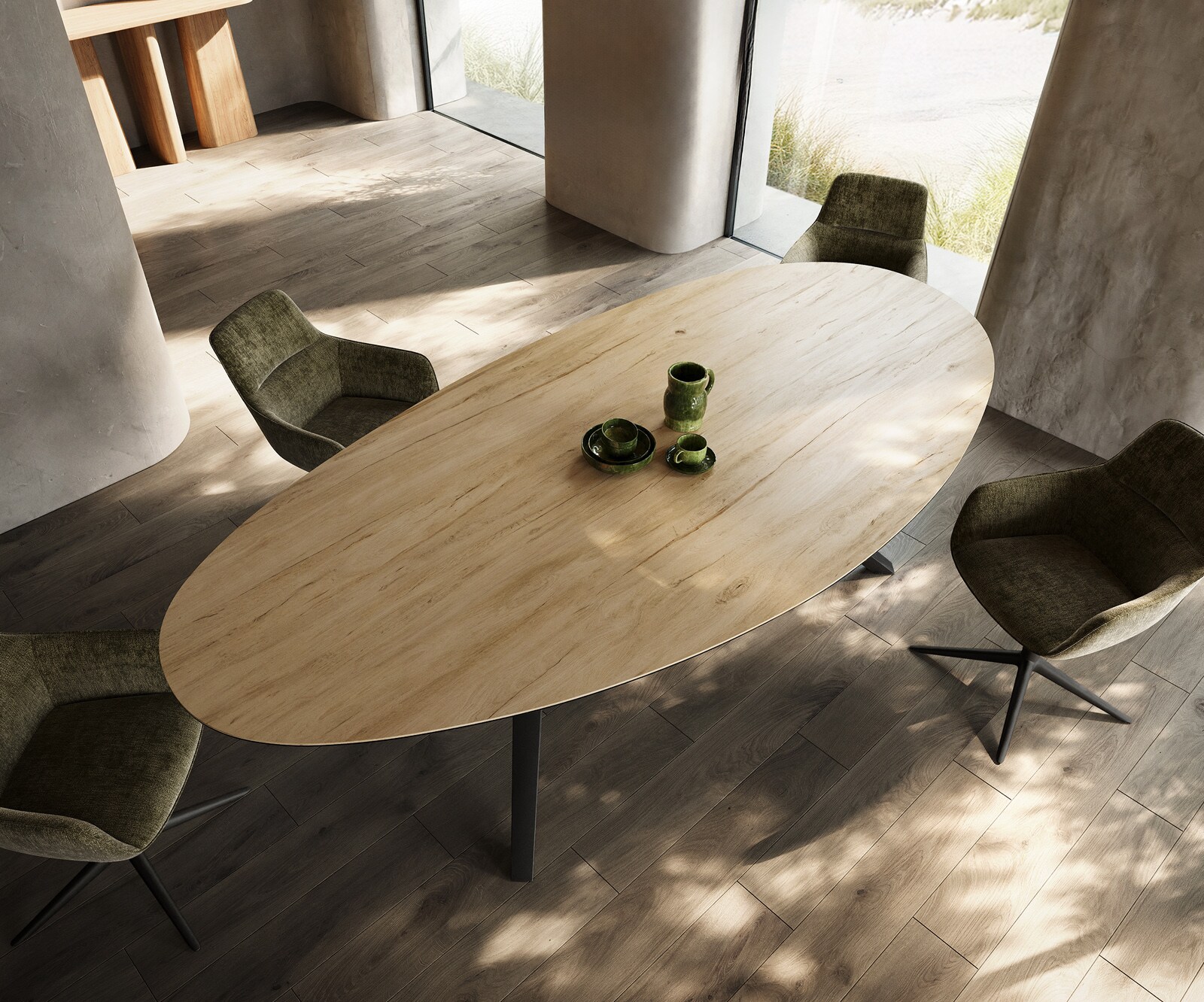 Трапезна маса Edge Oval 280x130, керамика Laminam „®“, цвят „Sabbia“ (дъбов), Zenthara, с остри ръбове, метал, черна 3