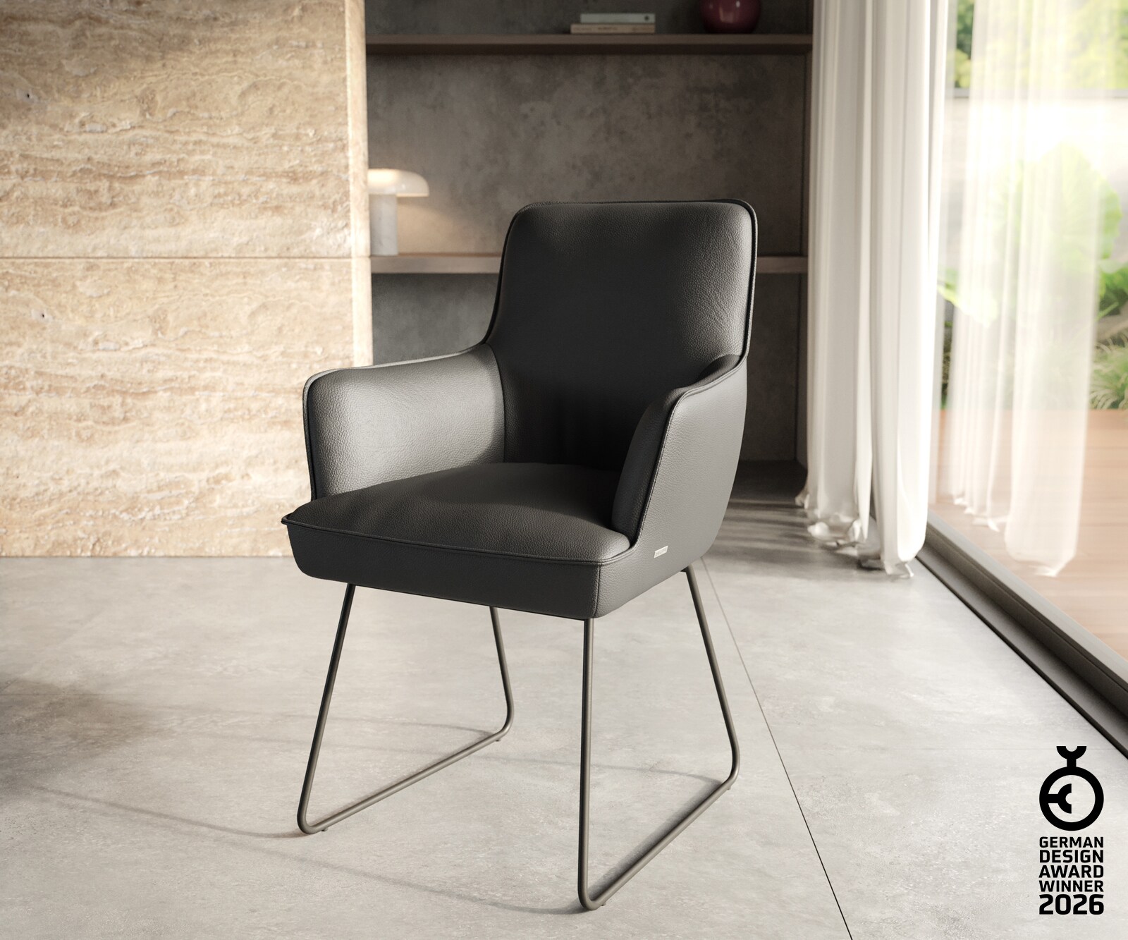 Стол Естествена кожа Черна Извити крака Черни Покет пружина Heira-Flex