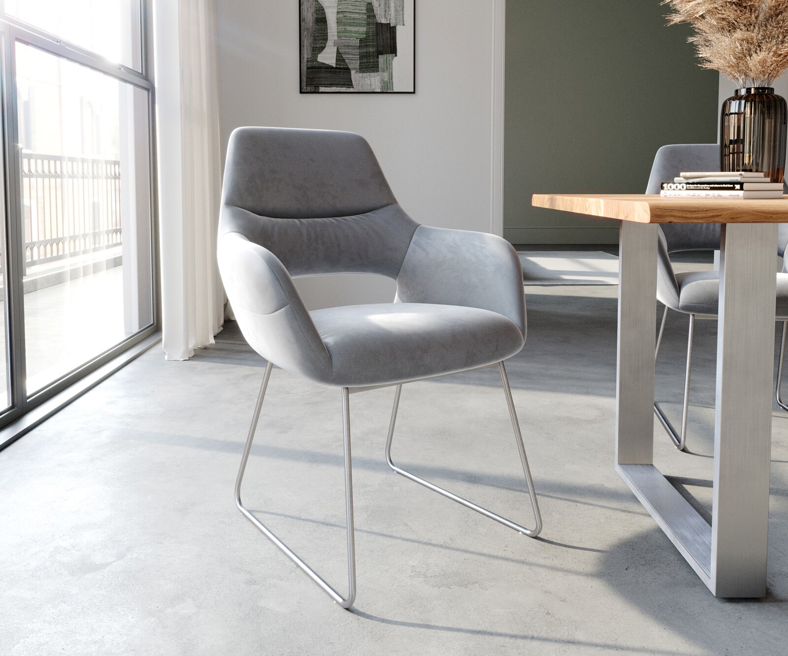 Стол с подлакътници Кадифе Сив Извити крака Неръждаема стомана Yago-Flex