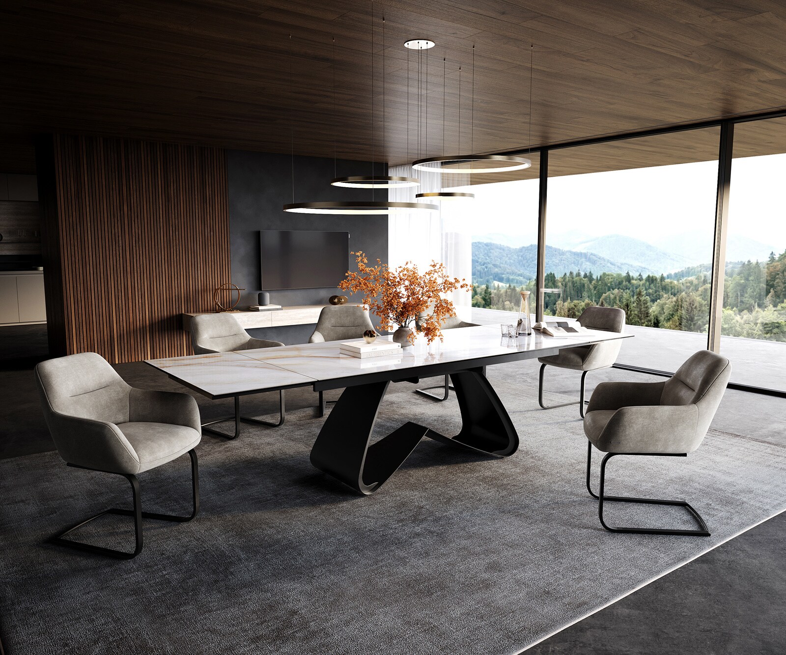 Трапезна маса Edge 200–300 × 100 см, керамика „Onyx Pearl“, метална рамка „W“ в черен цвят, разтегаема 5