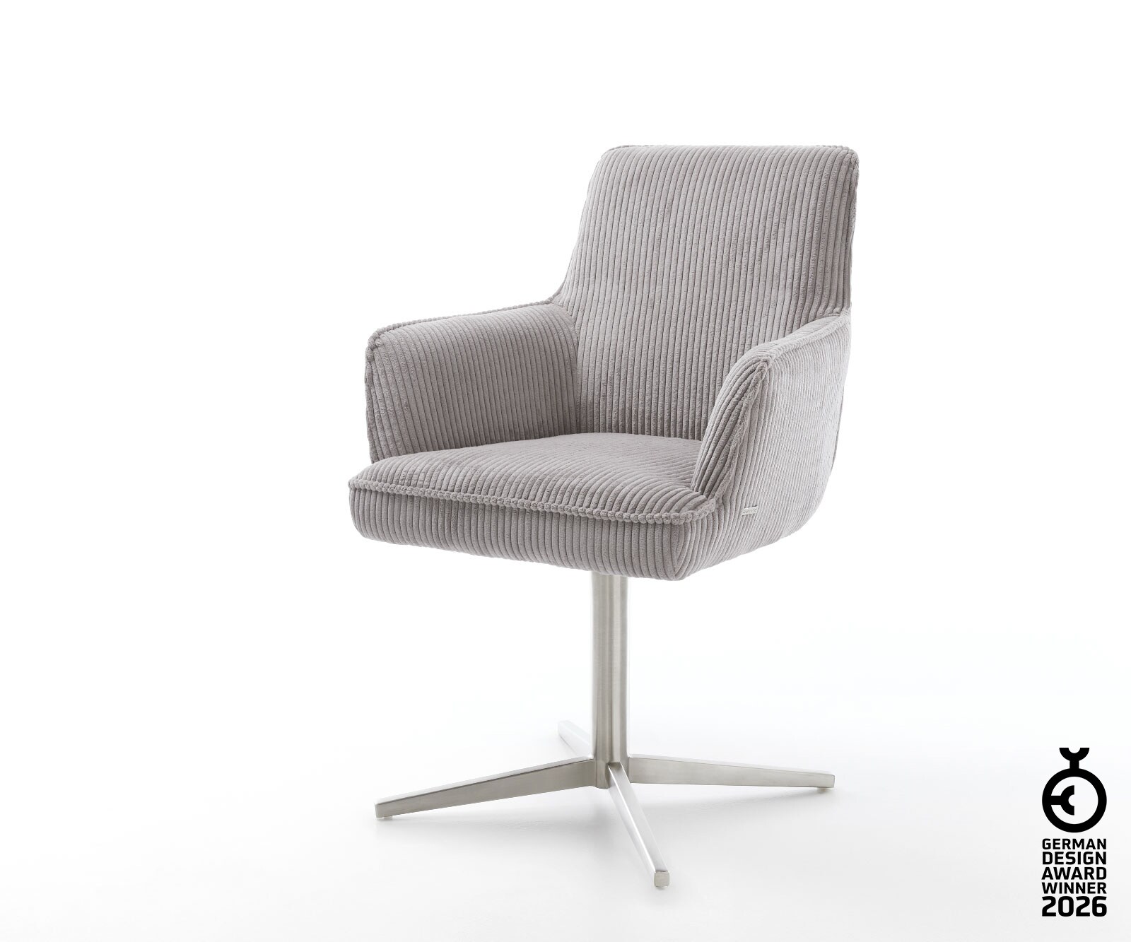 Врътящ се стол с подлакътници Корд СребристСив Офис основа Неръждаема стомана 360° въртящ се Покет пружина Heira-Flex