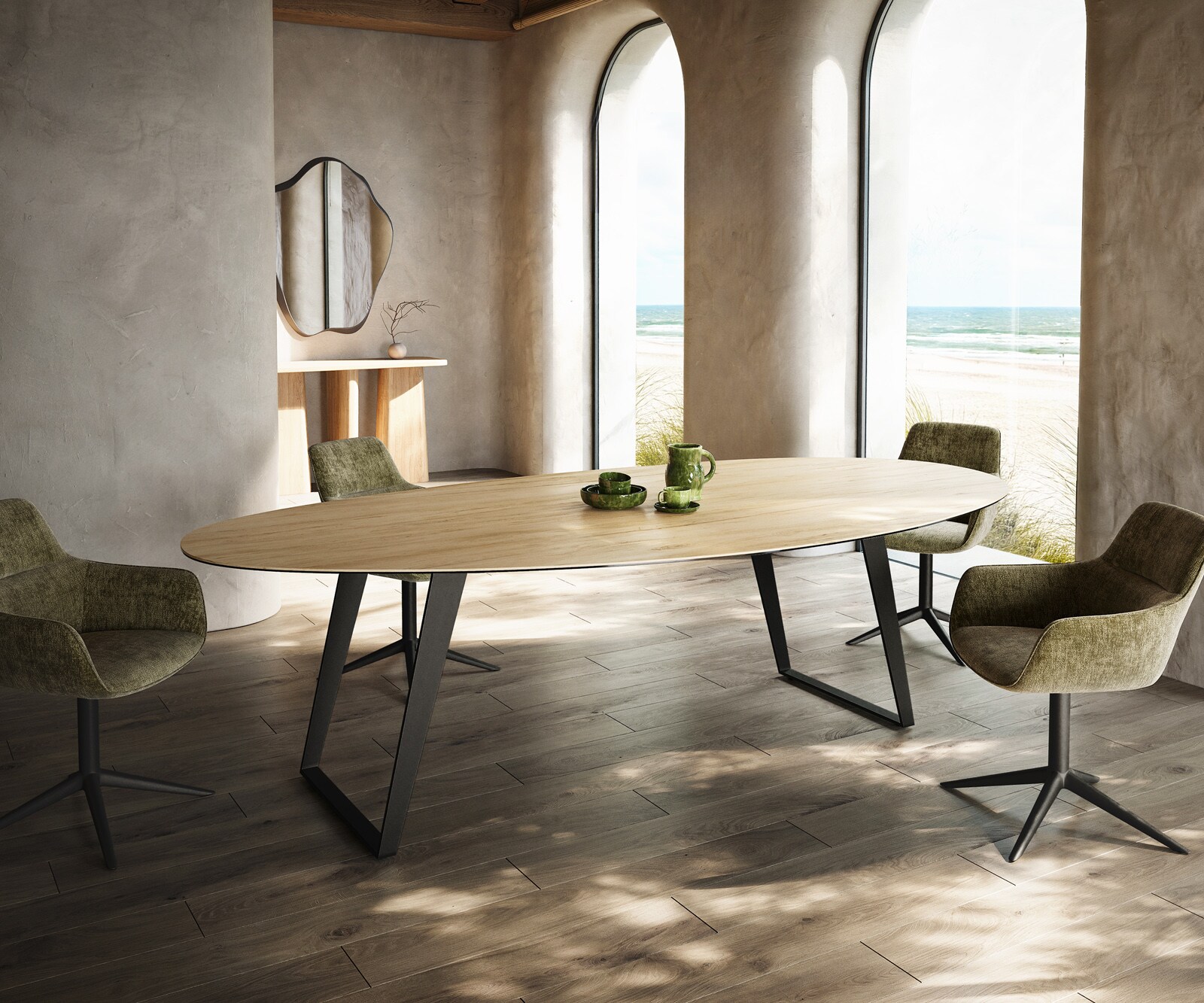 Трапезна маса Edge Oval 280x130 см, керамика Laminam „®“, цвят „Sabbia“ (в цвят на дъб), метал, наклонена, черна 1