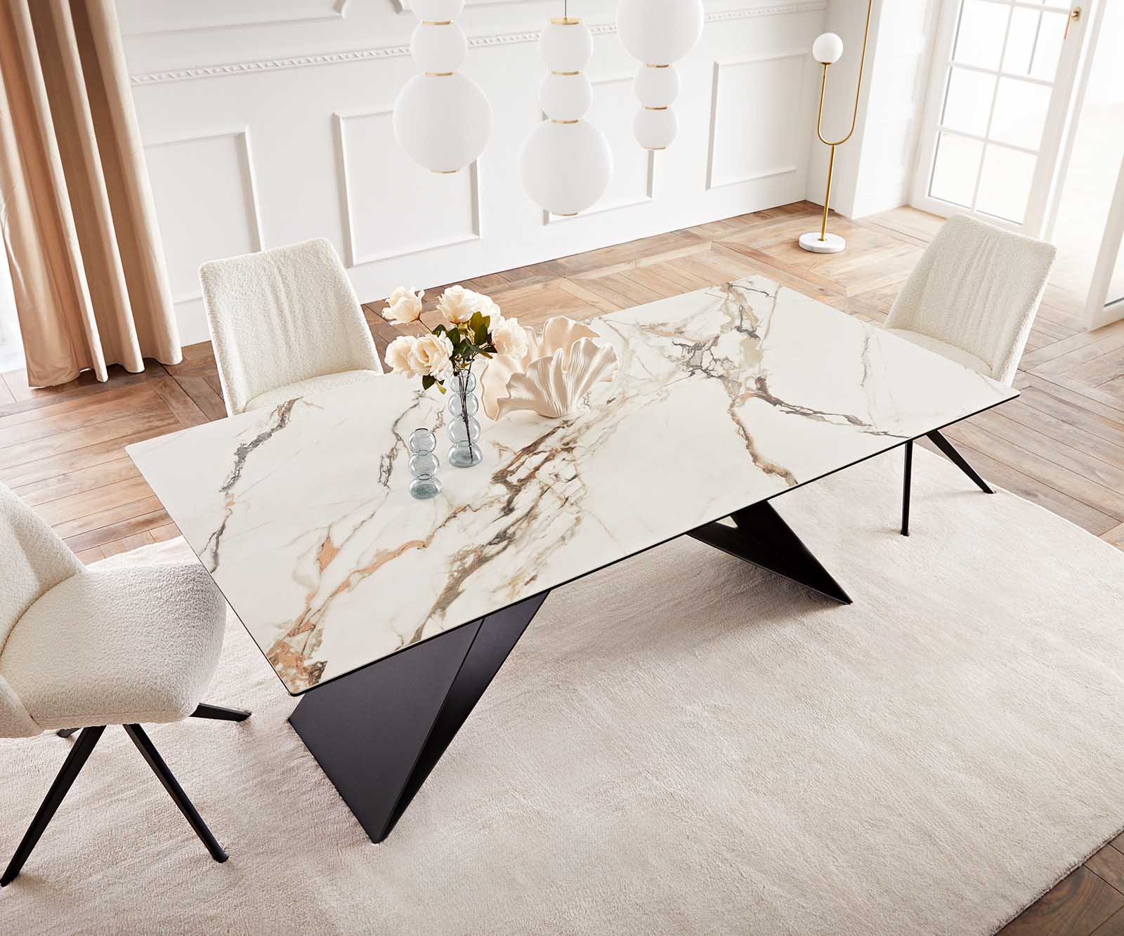 Маса 200x100 Keramik Calacatta Luxe Бял-Злато-Сив V-Рамка плоска стомана Черен Edge 5