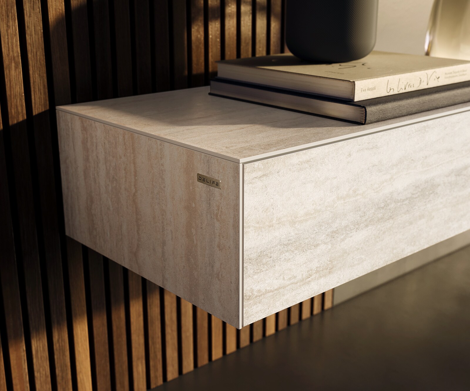 Ниска дъска Cuor 250 cm Керамичен ламинат® Travertino Bianco Крем-бяло 1 клапа 1 чекмедже Плаващо 6