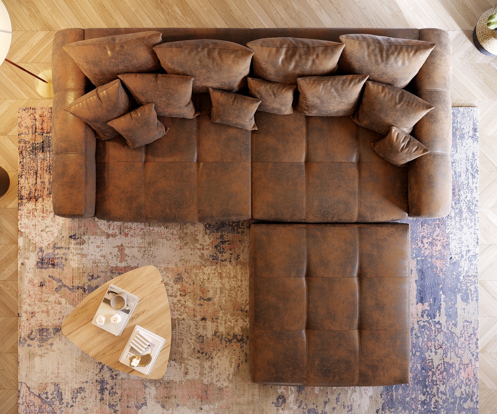 Голям диван 310x135 Кафяв Античен вид с табуретка възглавници Violetta 5 Голям диван 310x135 Кафяв Античен вид с табуретка възглавници Violetta 5