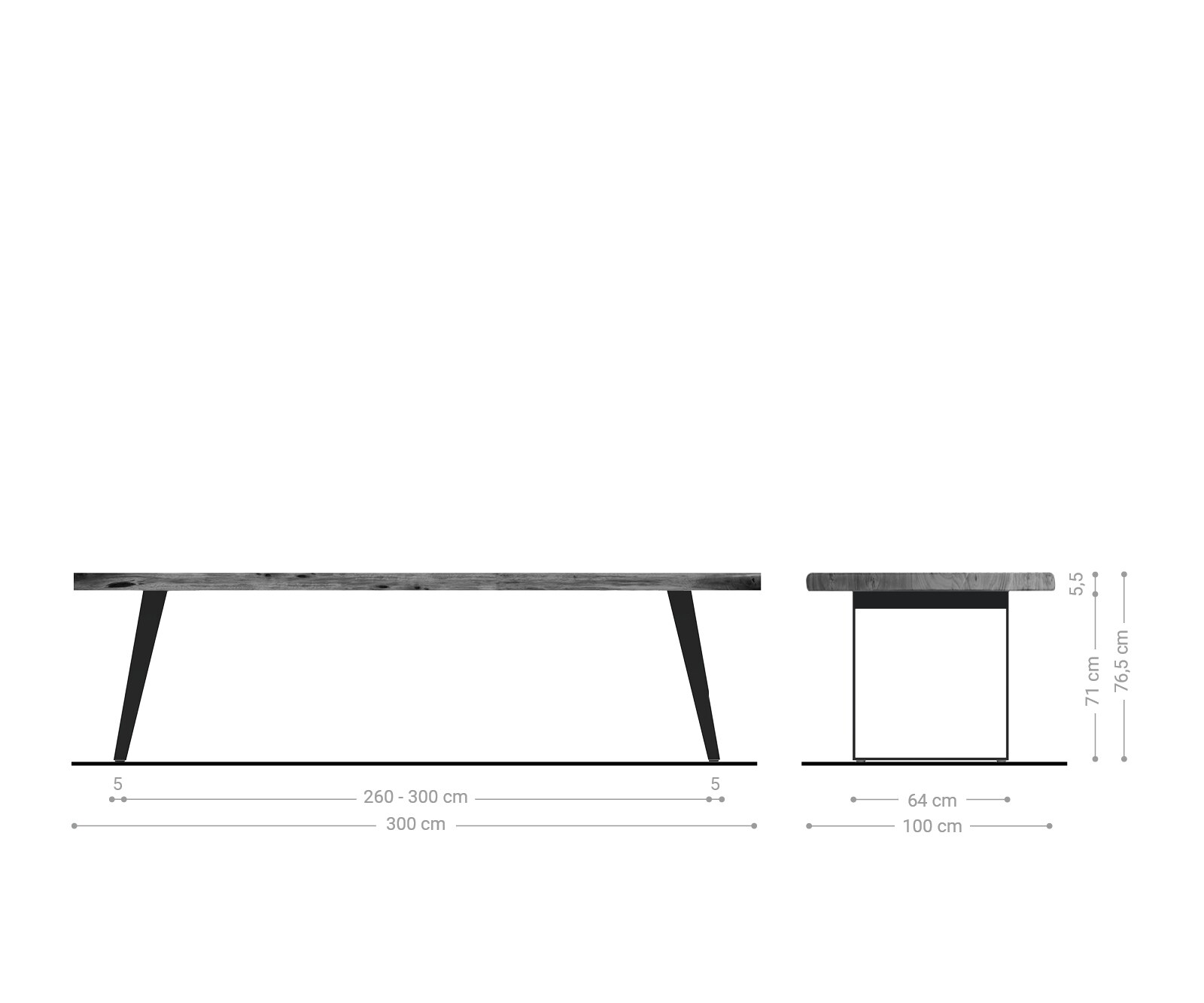 Трапезна маса Edge 300x100 см XL, акация, кафяво, неръждаема стомана, сребристо, наклонена, с естествена кромка 6