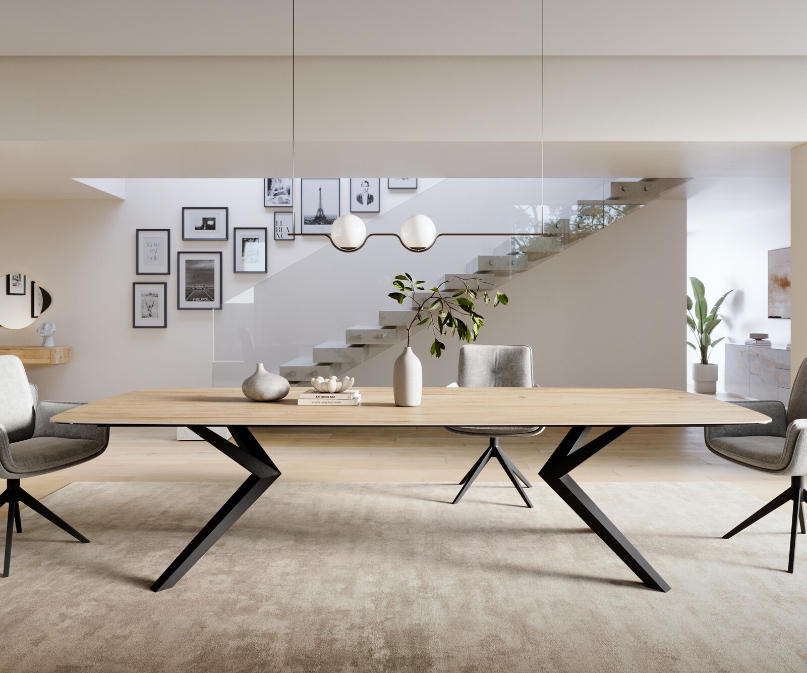 Трапезна маса Edge Boot 300x120 см, керамика Laminam „®“, цвят „Sabbia“ (дъбов), Zenthara, с остри ръбове, метал, черна 2