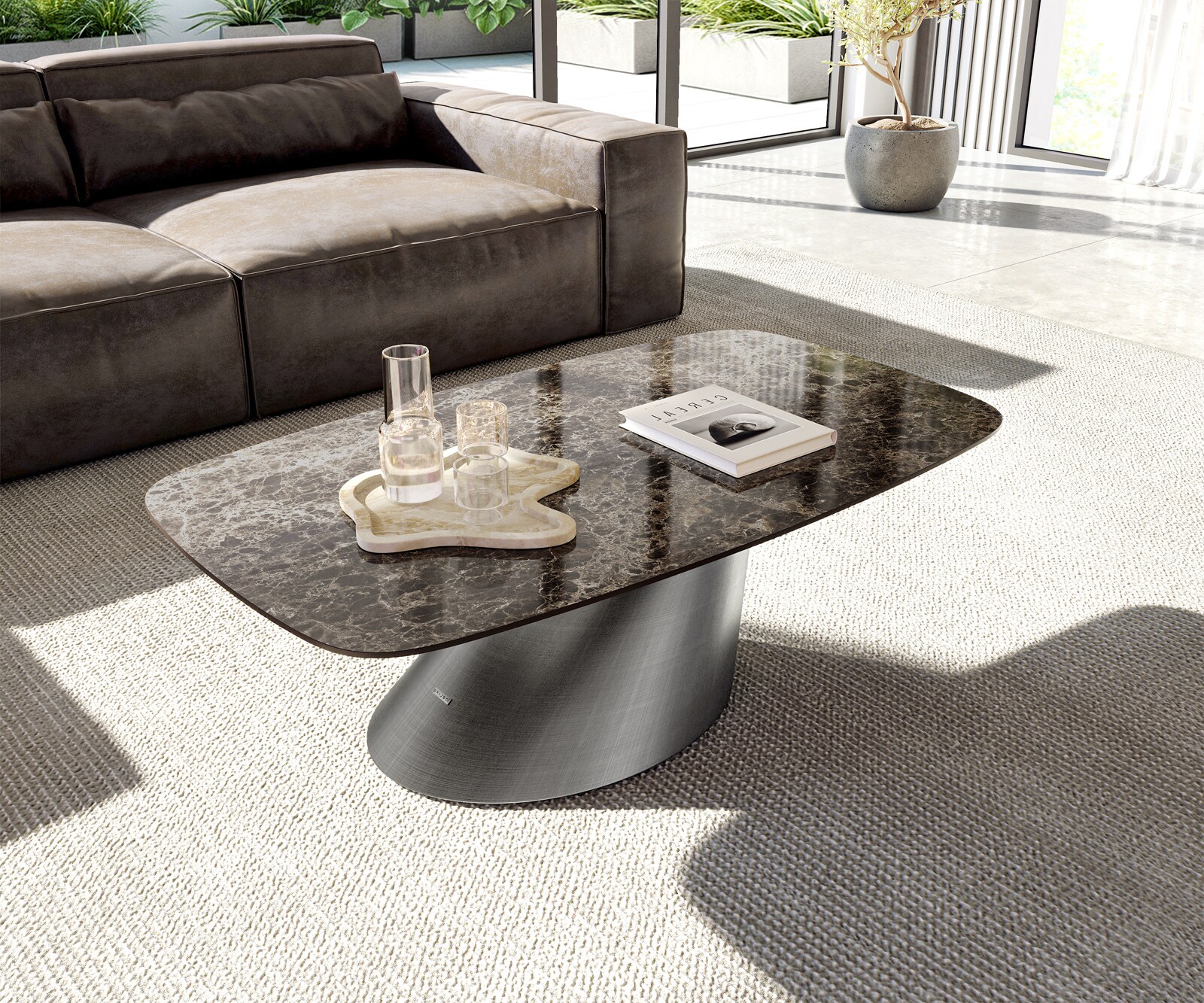 Масичка за кафе Edge Boot 120x70 cm керамика Laminam® Emperador Extra Lucidato тъмнокафяво Conis Metallic Silver