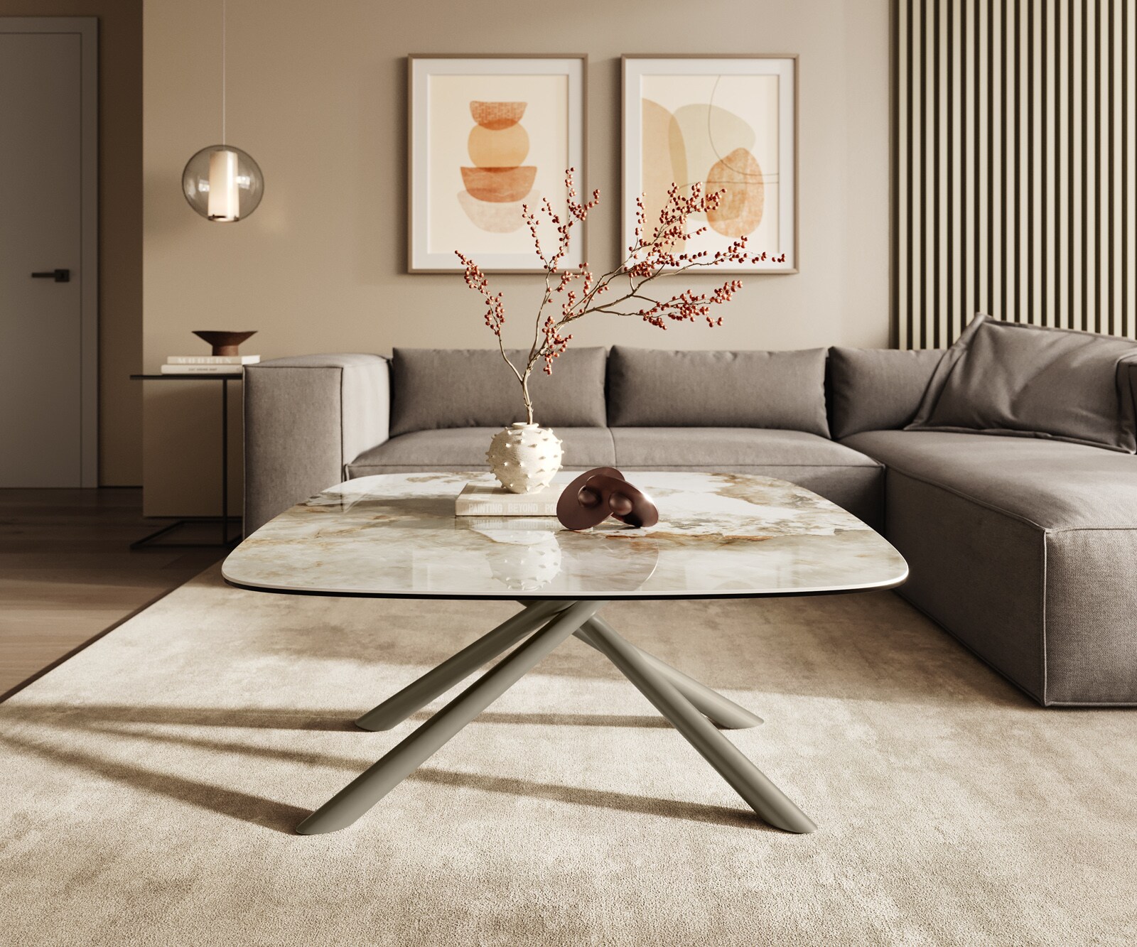 Масичка за кафе Edge Boot 90x90 cm керамика Minas Melange Sarity метален ефект покритие титан 2