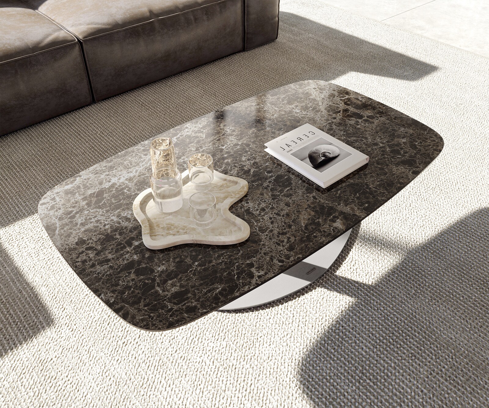 Масичка за кафе Edge Boot 120x70 cm Керамичен ламинат® Emperador Extra Lucidato Тъмно кафяво Vibany Матирана неръждаема стомана 4