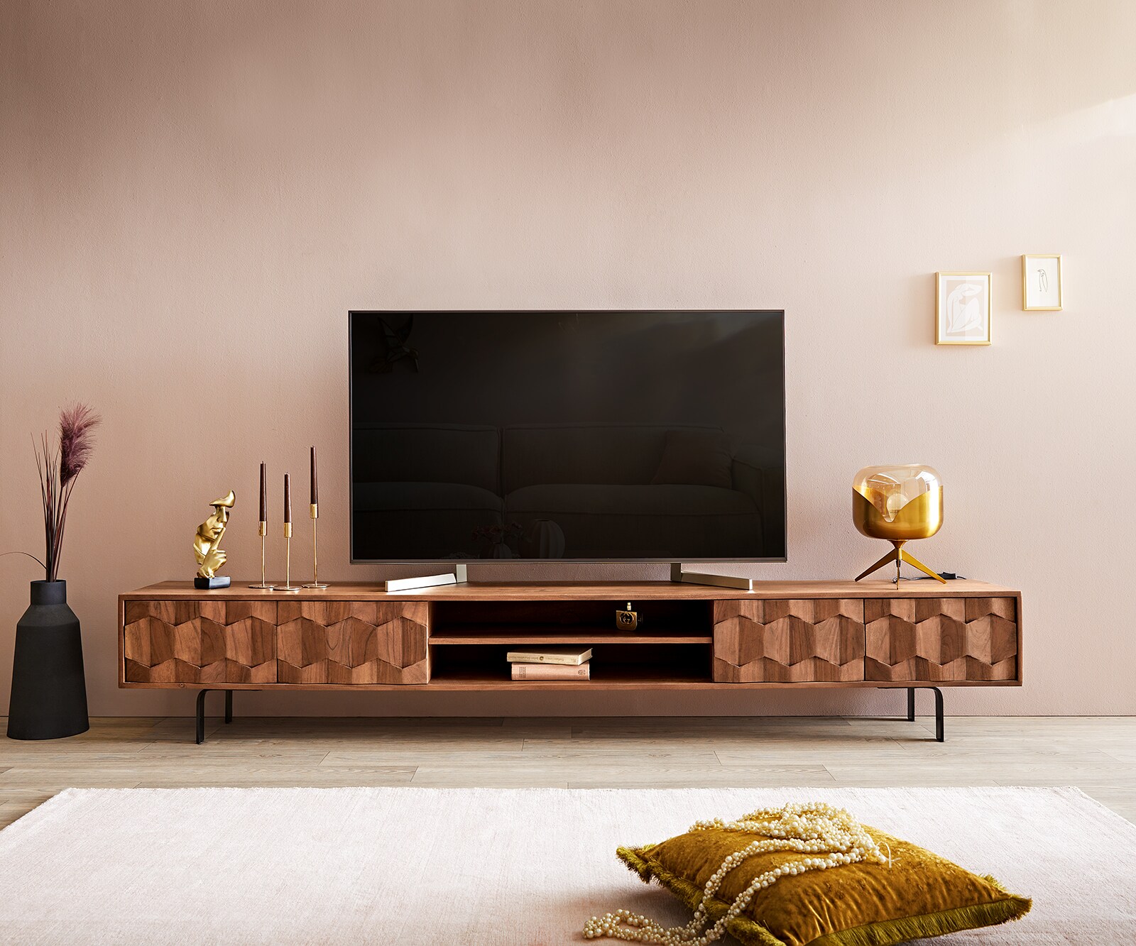 ТВ шкаф Fevo 240 cm, Масив Акация, 4 Врати, Г-Крак, Кафяв 1