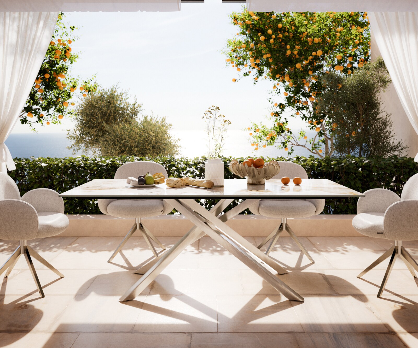 Маса Edge 200x100 см, керамика Minas Melange, бяло-бежова, подходяща за външна употреба. кръстообразна рамка, правоъгълна, неръждаема стомана 1