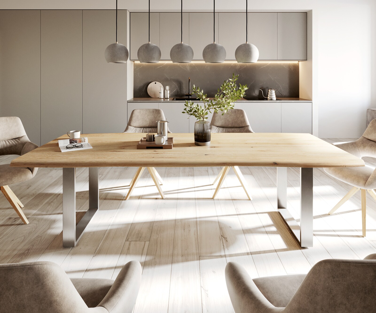 Трапезна маса Edge 260x100x2,5-3, естествен дъб, неръждаема стомана, тясна, с естествена ръба 1