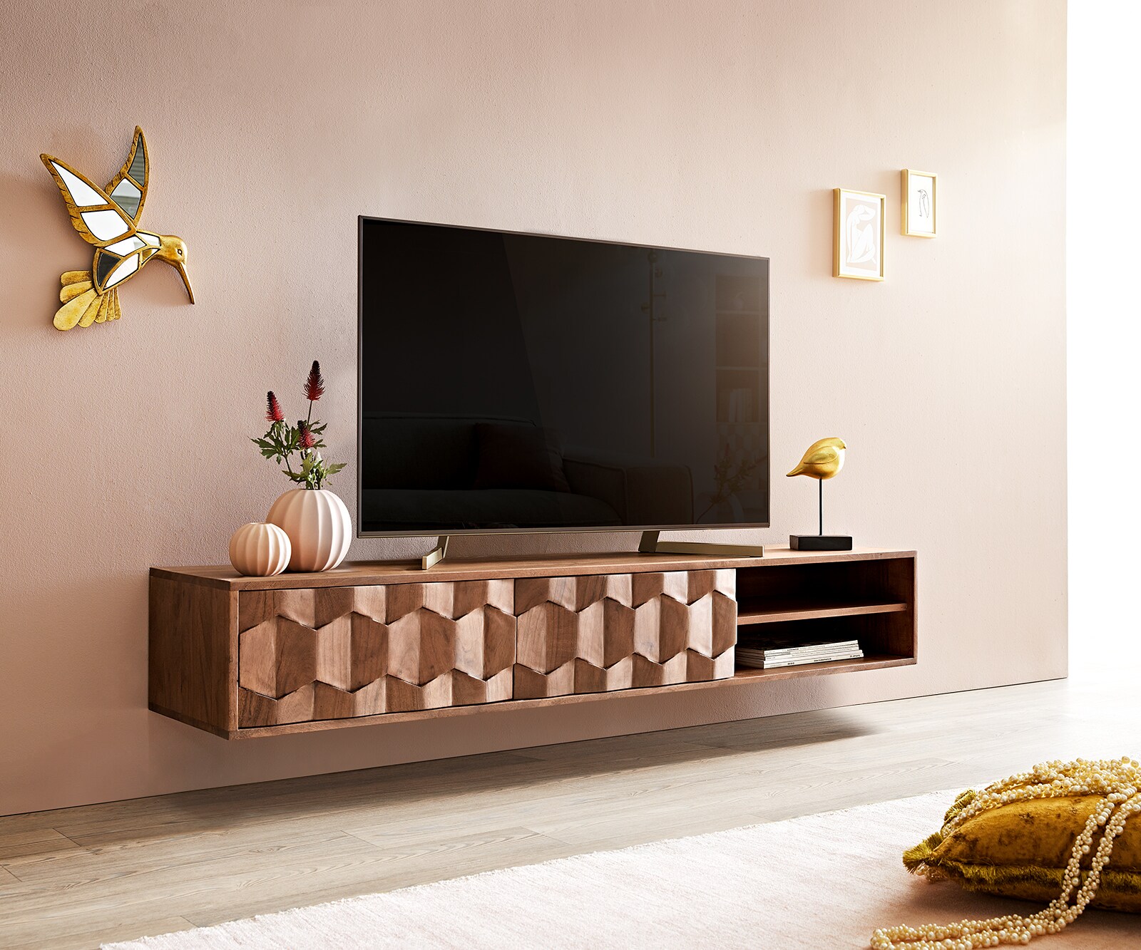 ТВ шкаф за стена Fevo 160 cm Масив Акация, 2 Врати, Кафяв 