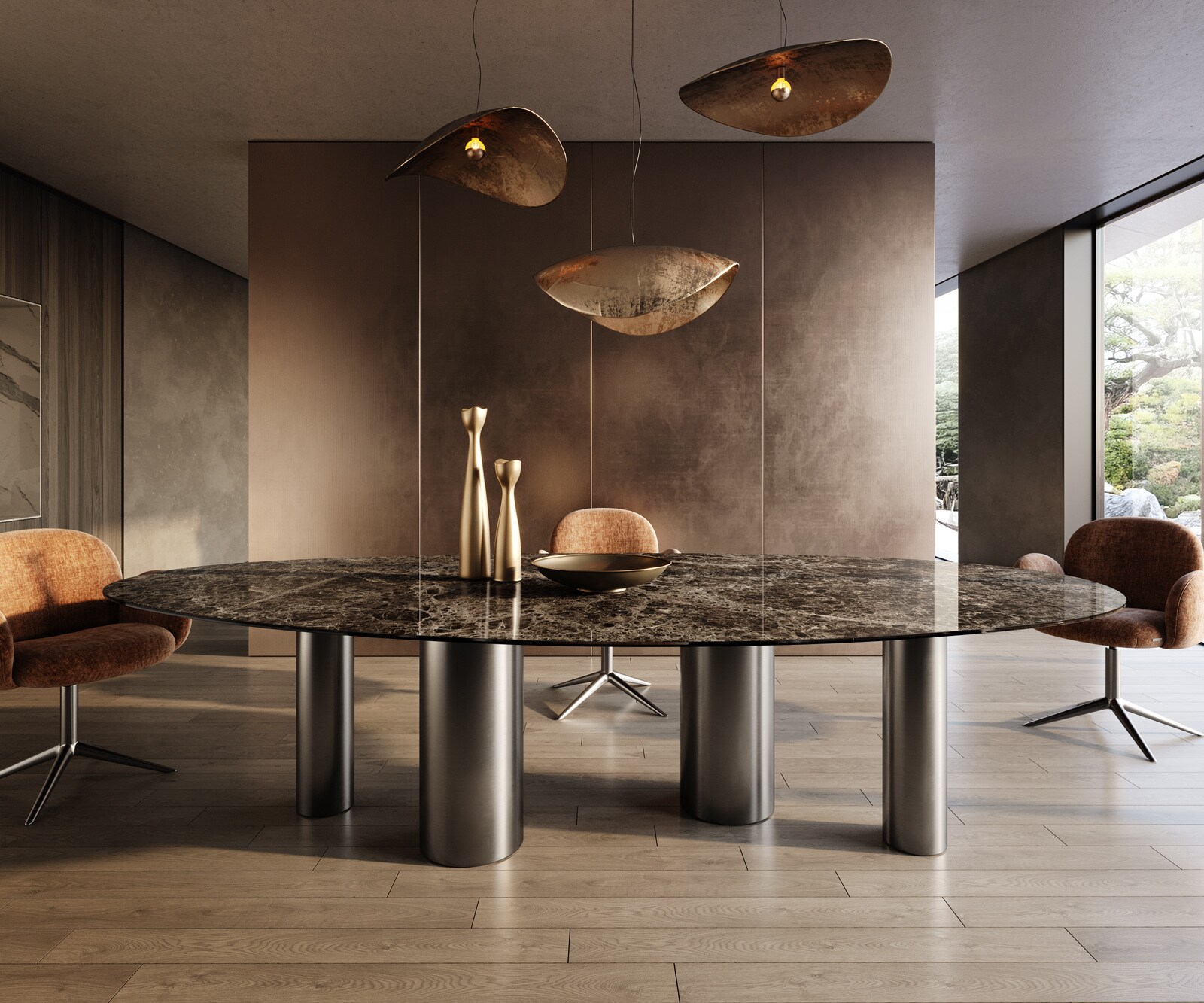 Трапезна маса Edge Oval 315x150, керамика Laminam „®“, Emperador Extra Lucidato, тъмнокафяво, Pilier, неръждаема стомана, графит 1