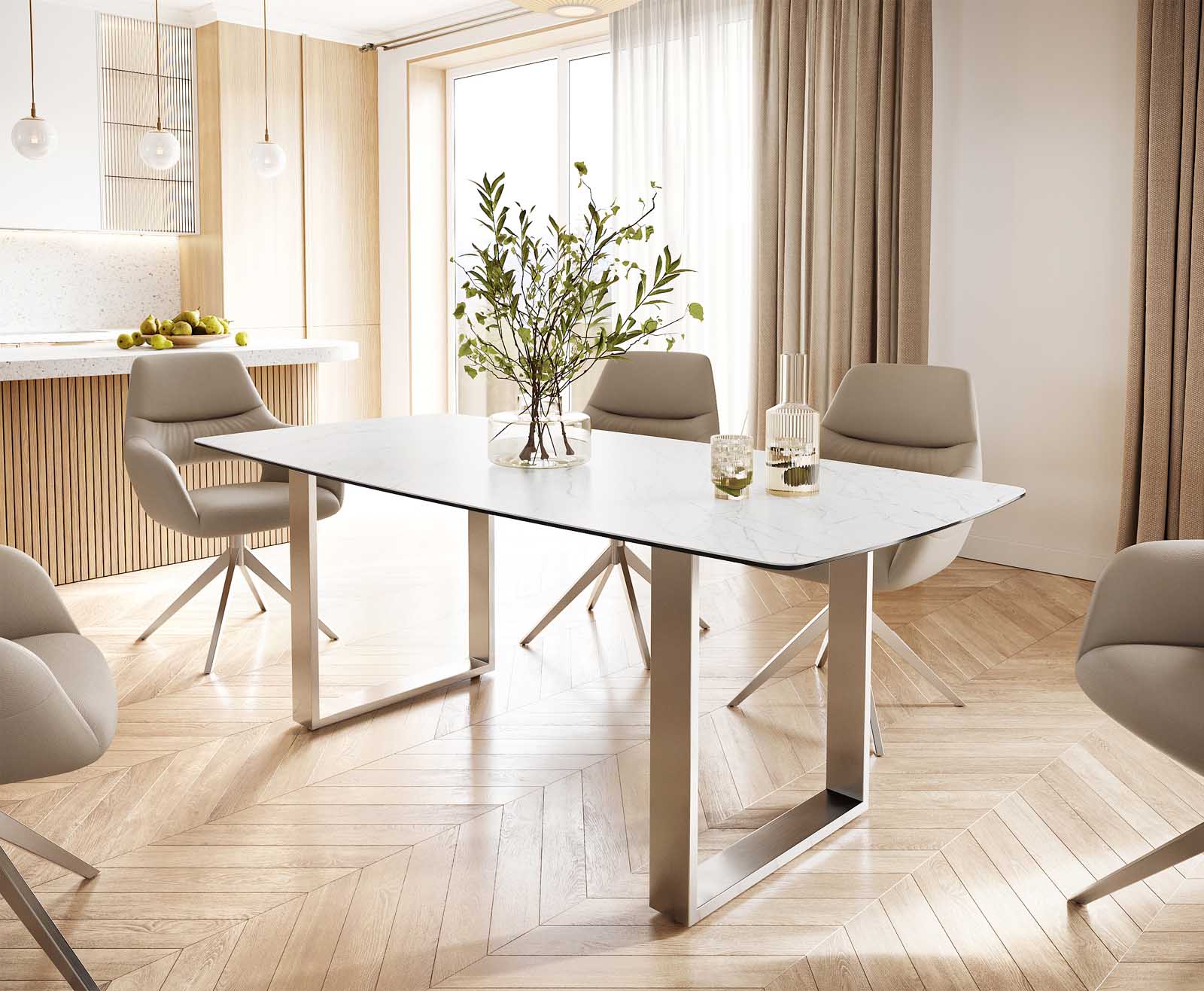 Маса Bootsform 200x100 Keramik Laminam® Statuarietto Бял Неръждаема стомана Тесен профил Edge