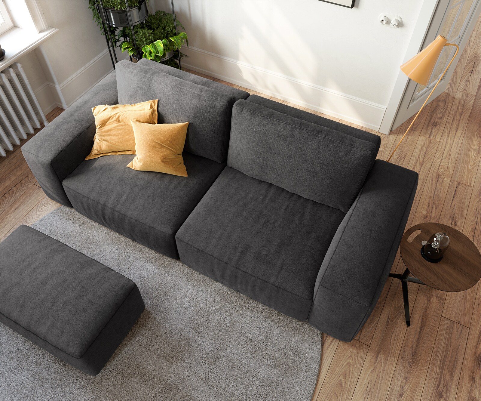 Голям диван Lanzo L 230x95 см Микрофибър Черен с табуретка 3