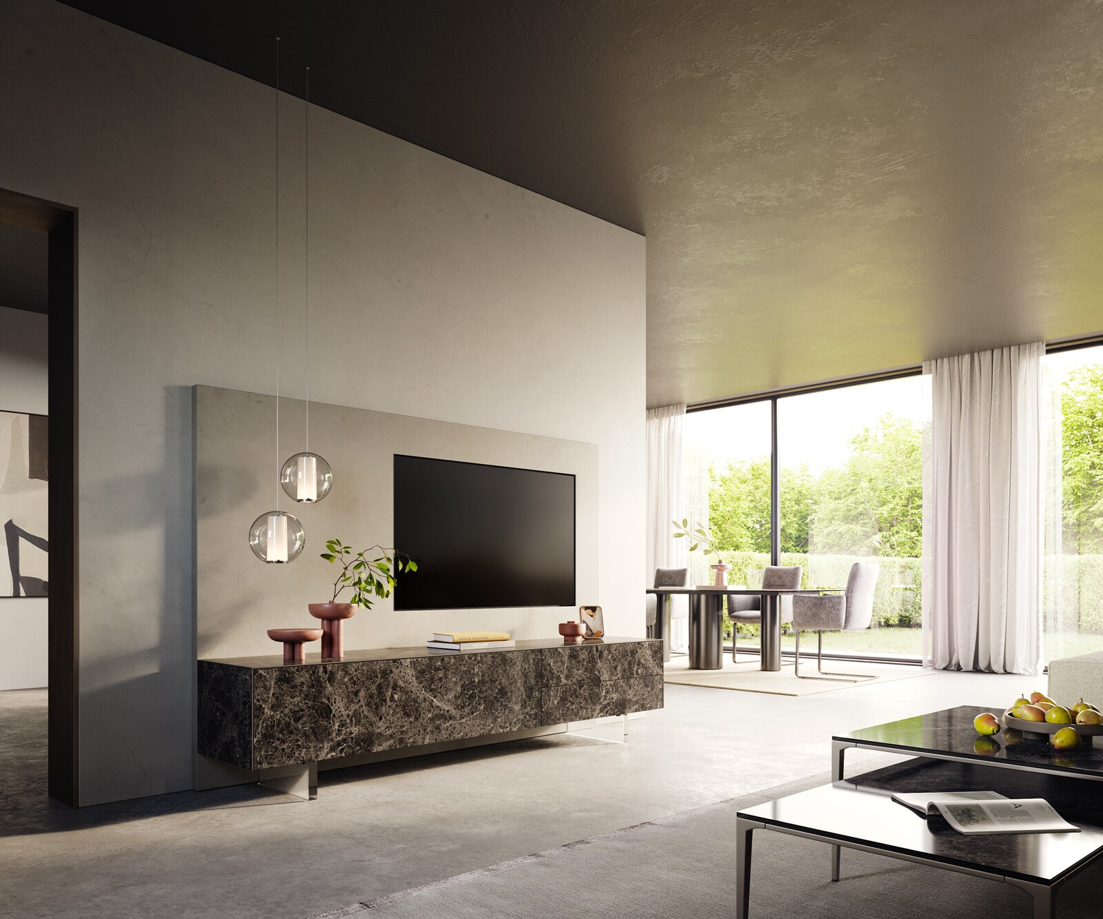 Ниска дъска Cuor 220 см керамика Laminam® Emperador Extra Lucidato Тъмно кафяво 1 клапа 2 чекмеджета Основа Плаващо акрилно стъкло 7