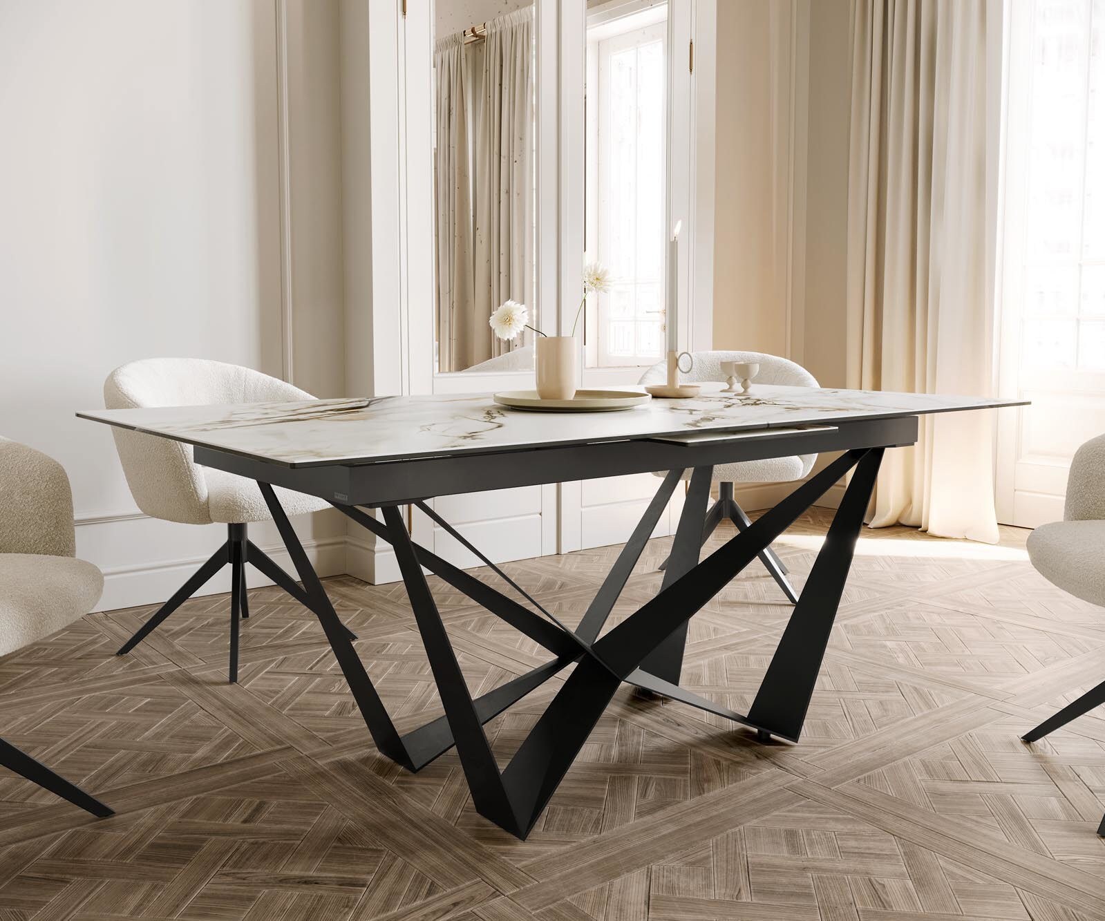Маса 180-220x100 Keramik Calacatta Luxe Бял-Злато-Сив Spider плоска стомана Черен разтегателна Edge 5