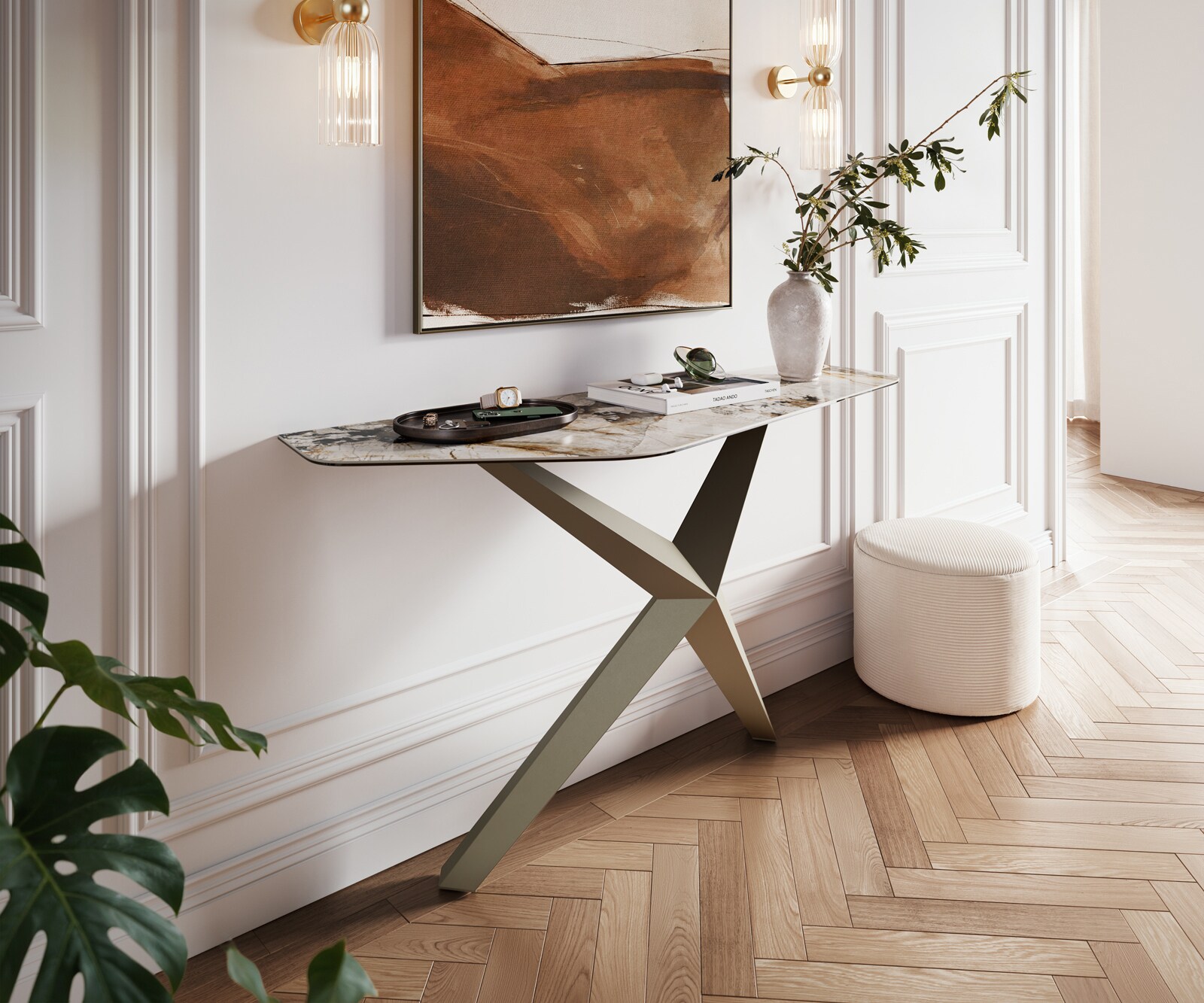 Конзолна маса Edge Polygonal 140x50 см, керамика Patagonia, полирана, Zentharo, метално покритие с ефект титан 4