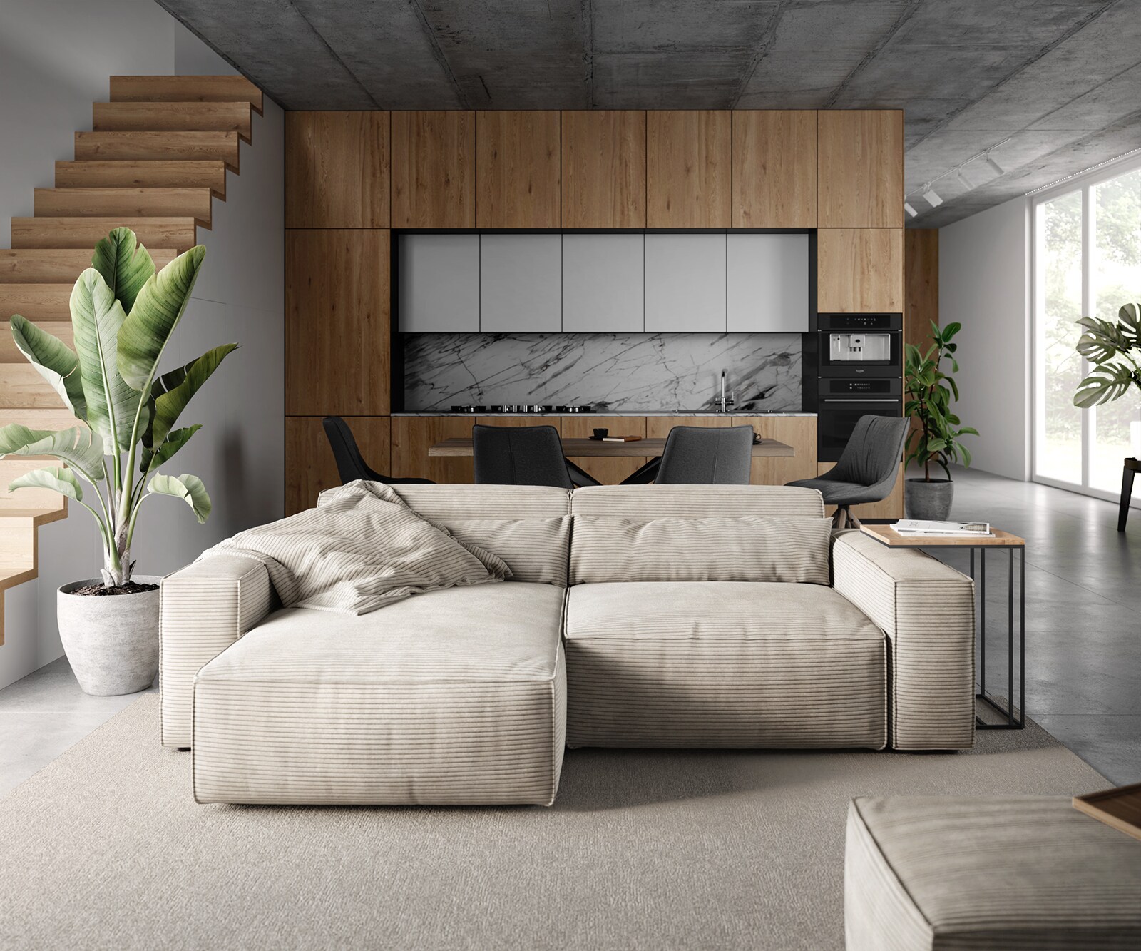 Ъглов диван L 260x160 cm Корд Бежов Варианти лежанка с табуретка Sirpio 2