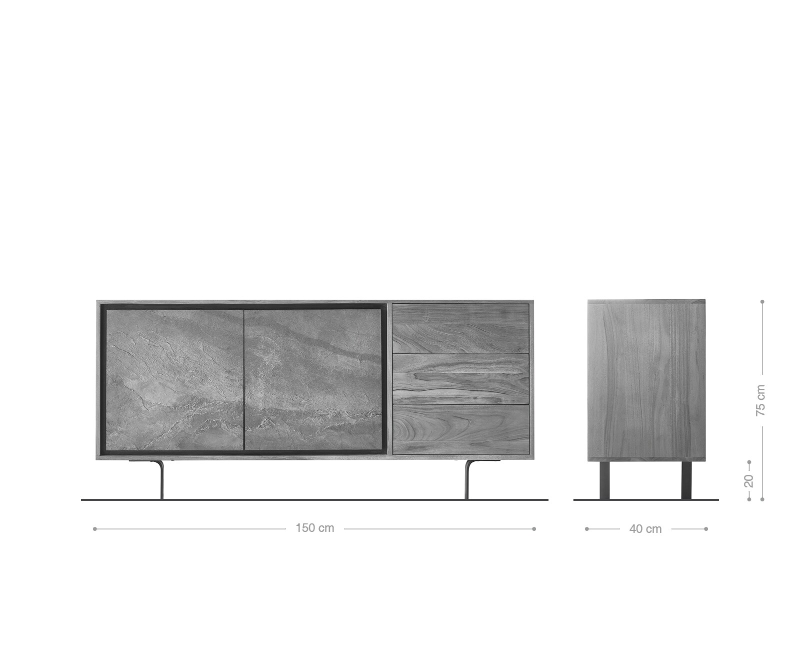 Бюфет Juwelo 150 cm, 2 вратички, 3 чекмеджета, Масив Акация с каменен фурнир 8
