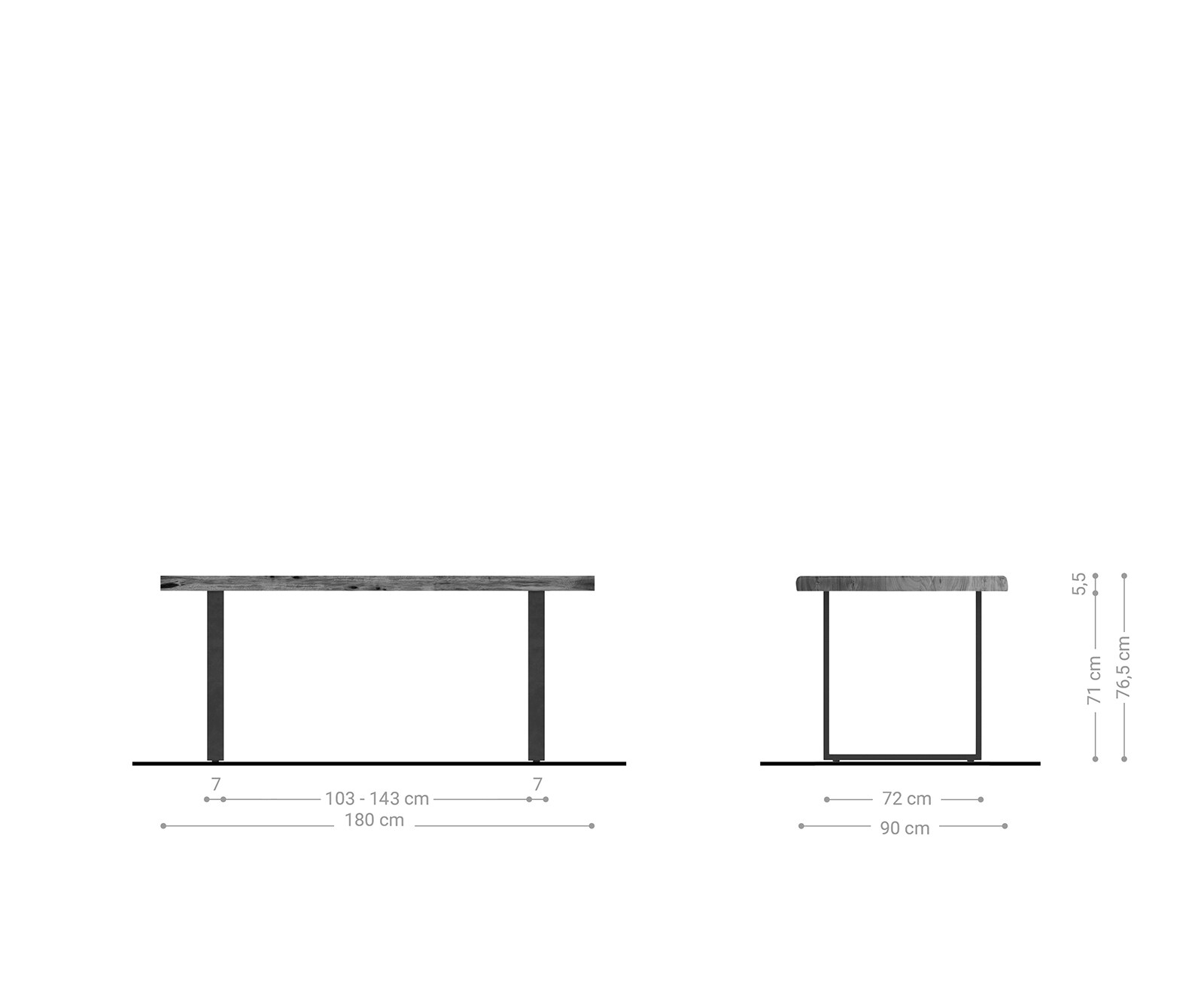 Трапезна маса Edge 180x90 XL от естествена акация, с черна подножка и естествени ръбове 5