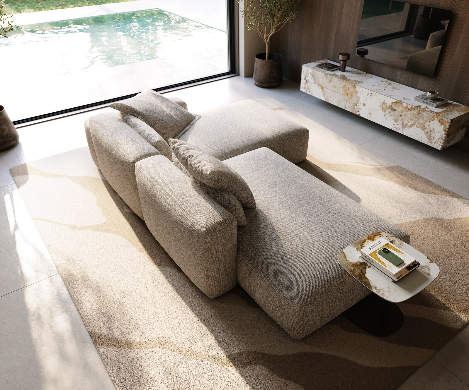 Ъглов диван Freestyle 310x200 cm тъкан мека бежова прошивка 3