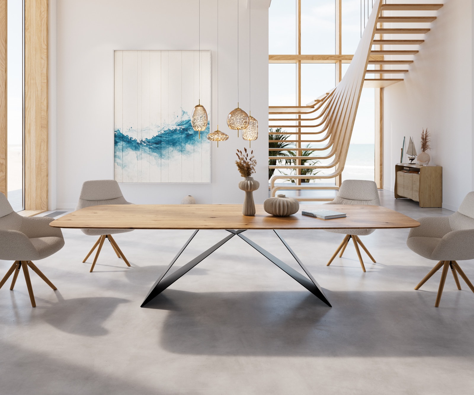 Маса Boot 300x100 Дъб Натурал V-Рамка плоска стомана Черен Швейцарски ръб Edge 1 Маса Boot 300x100 Дъб Натурал V-Рамка плоска стомана Черен Швейцарски ръб Edge 1