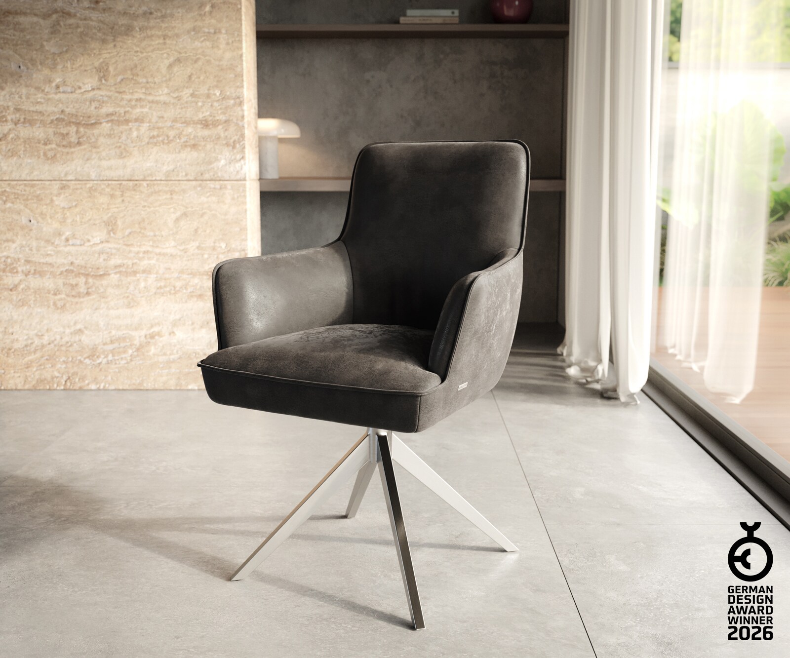 Врътящ се стол с подлакътници Антрацит Винтидж Конус крак плосък Неръждаема стомана 360° въртящ се Покет пружина Heira-Flex