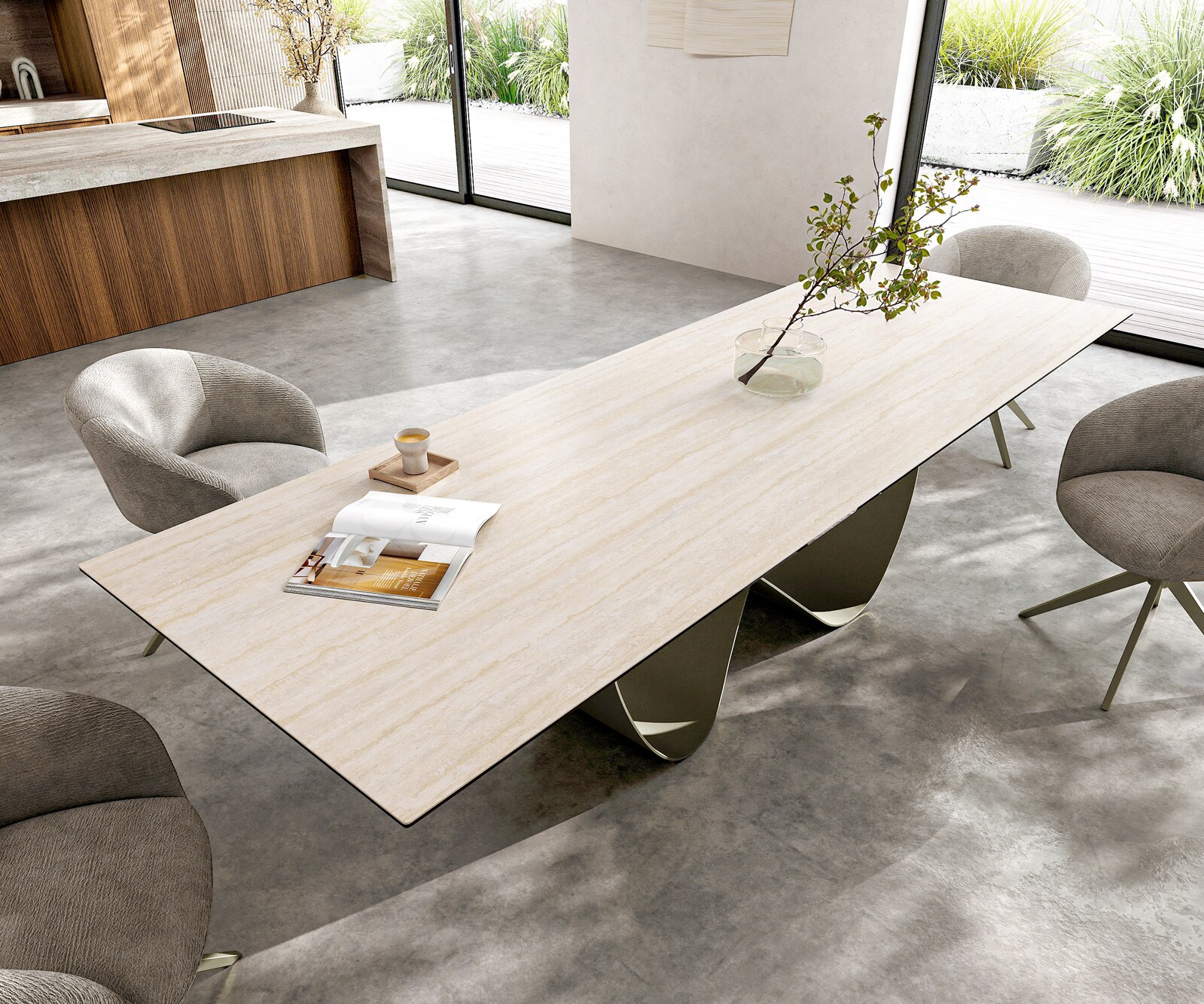 Трапезна маса Edge 300x100, керамика Laminam „®“, Travertino Bianco, кремаво-бяла, Infinity, метално покритие с ефект „Титан“ 4
