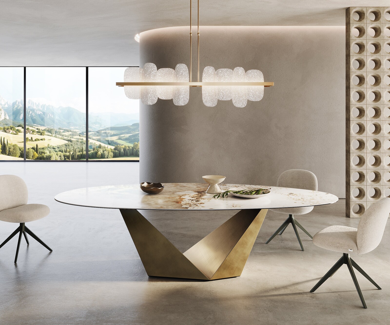 Edge Овална маса за хранене 280x130 керамика Minas Melange Бяло-бежово Prisma Metallic Gold 1