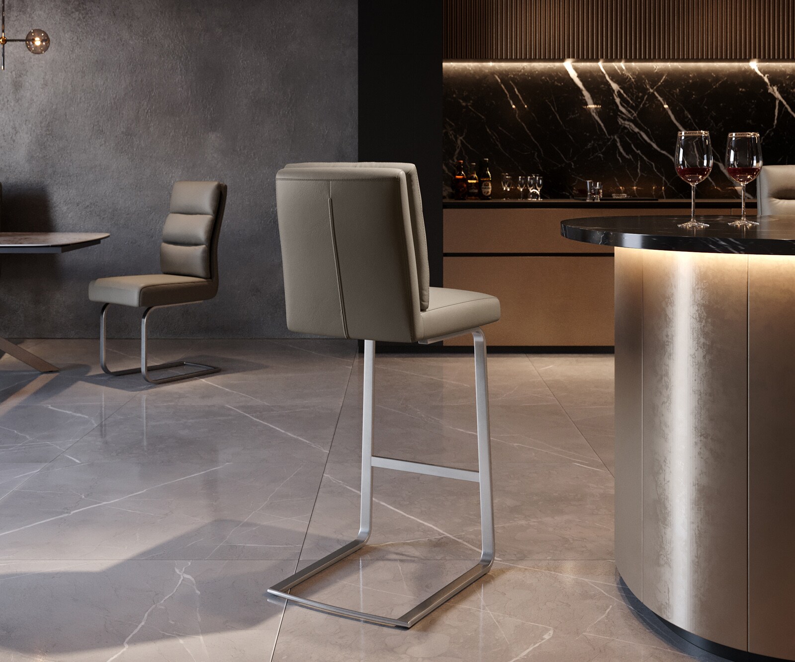 Бар стол Естествена кожа Сиво-Кафяв Конзолен крак плосък Неръждаема стомана Покет пружина Pela-Flex 5