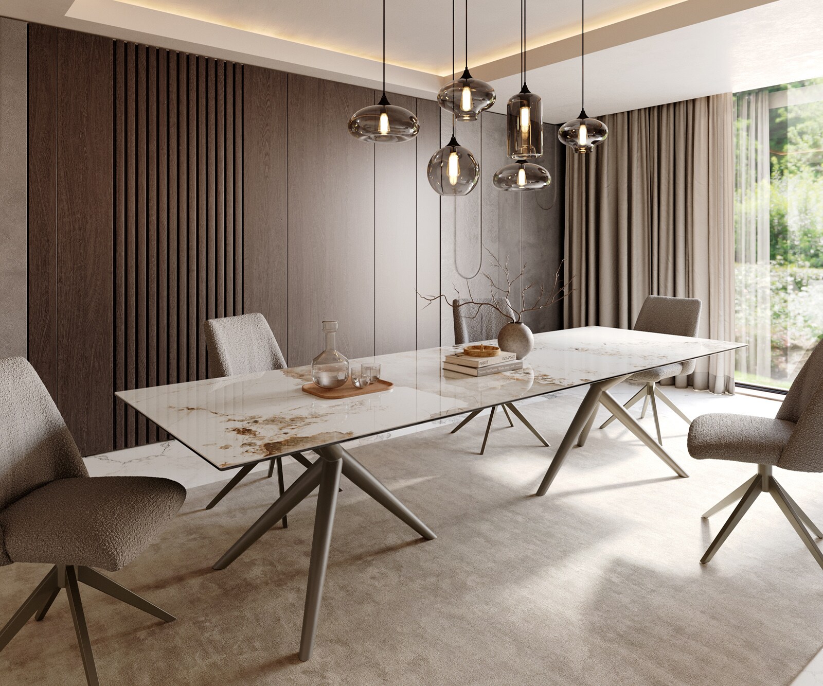 Трапезна маса Edge 300x100 керамика Minas Melange бяло-бежово Estelar кръгъл метален ефект покритие титан