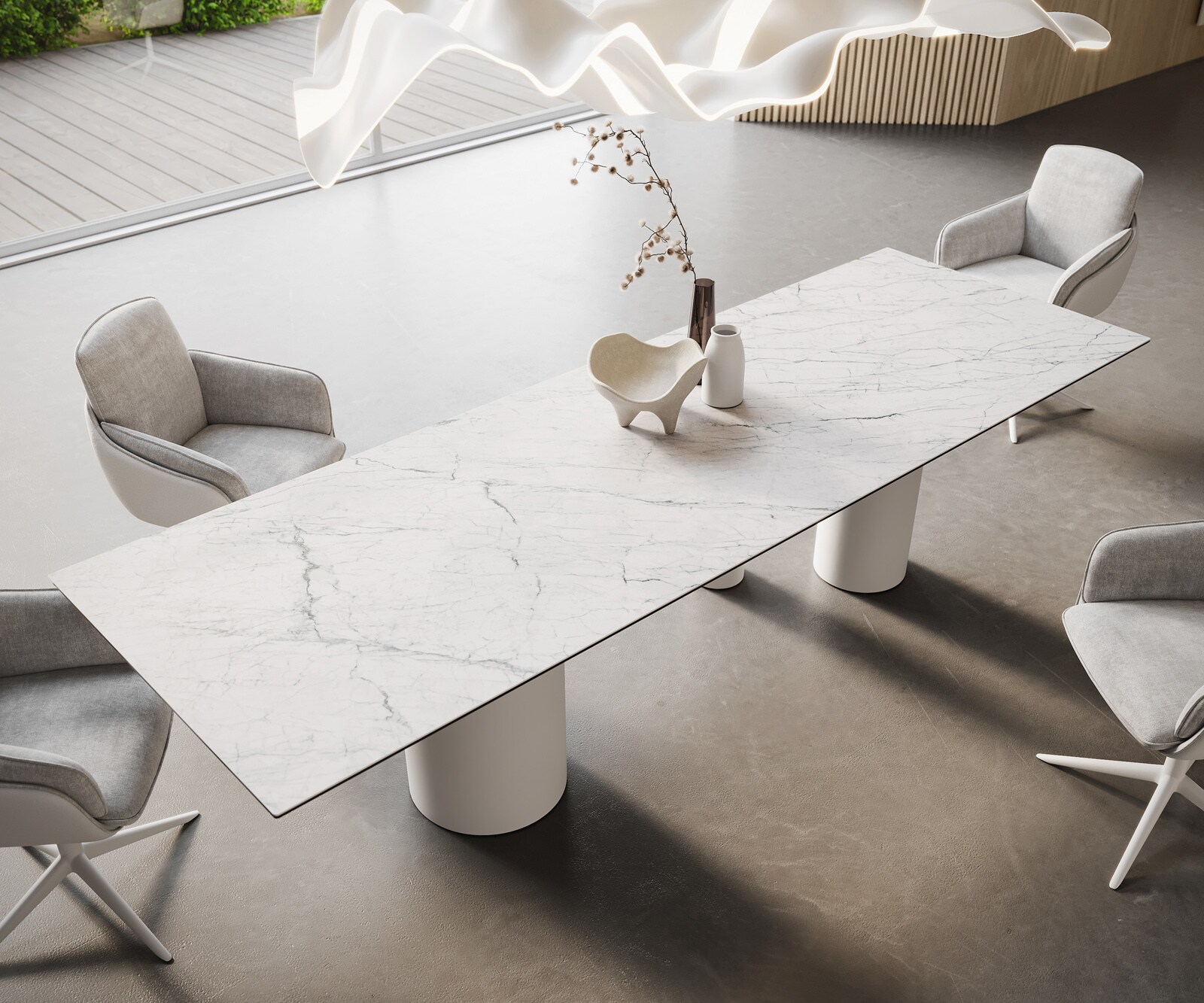Трапезна маса Edge 300x100, керамика Laminam „®“, Statuarietto бяло, Troa метал бяло 2