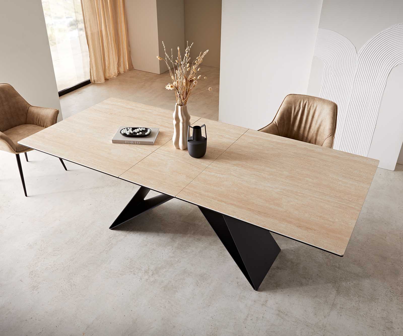 Маса 180-220x100 Keramik Travertin Натурал V-Рамка плоска стомана Черен разтегателна Edge 3