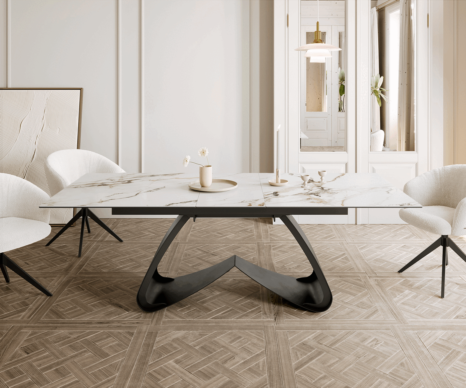 Разтегателна трапезна маса Edge 180-220х100 см Керамика Calacatta Luxe Бял-Злато-Сив W-образна основа Черен 1
