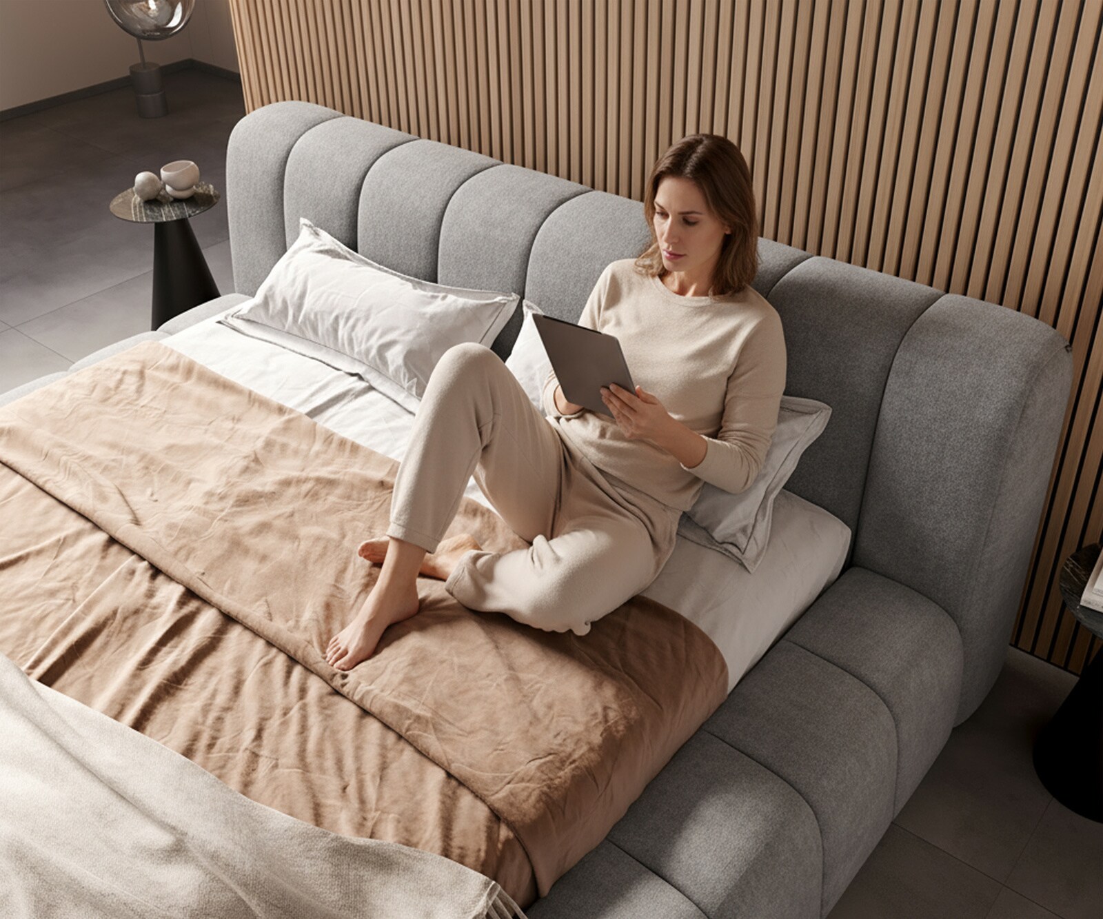 Тапицирана рамка за легло Cutio 180x200 cm текстуриран плат меко сиво 3