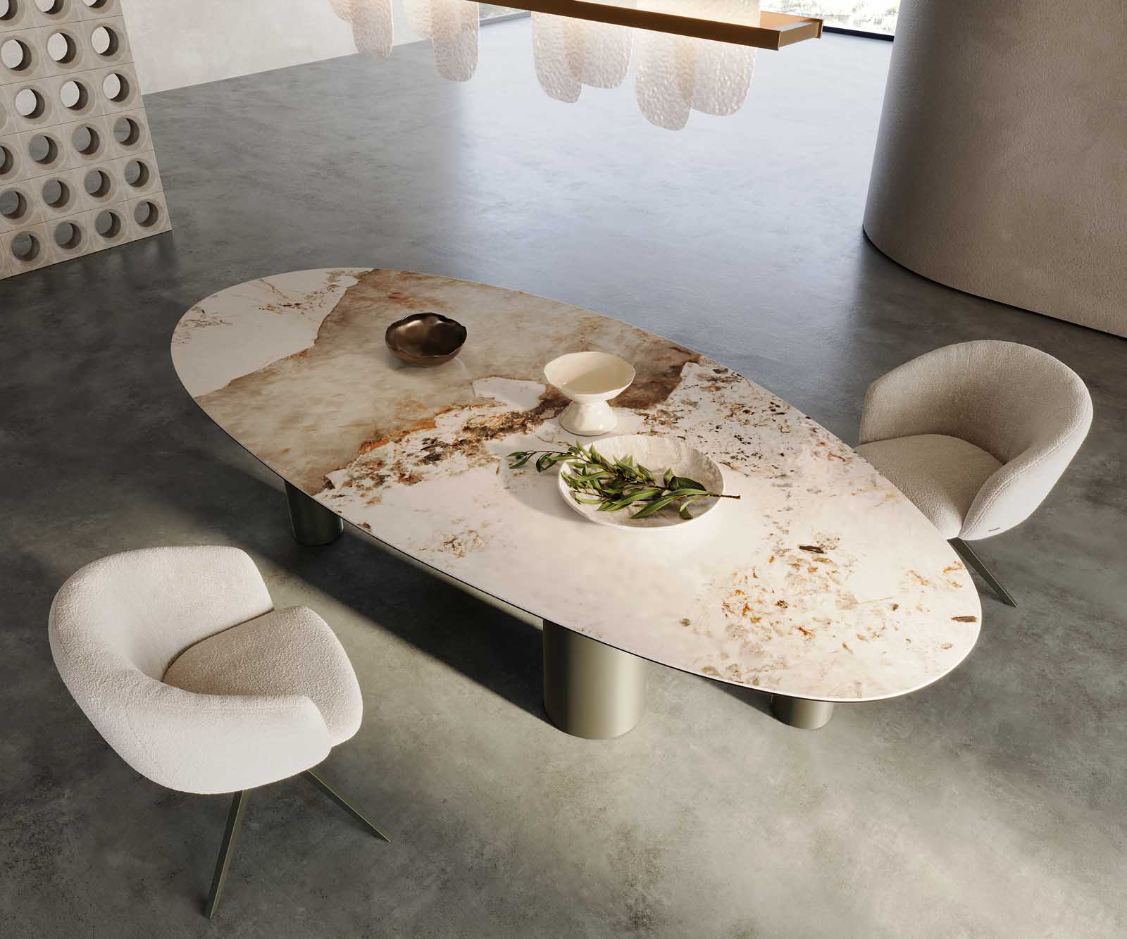 Маса Oval 280x130 Keramik Minas Melange Бял-Бежов Pilier Метал Ефектенфиниш Titan Edge