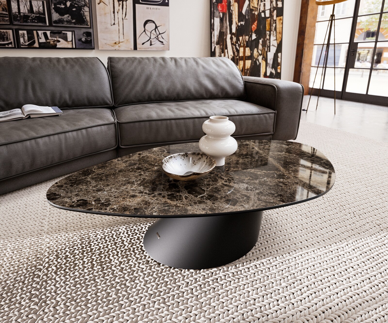 Масичка за кафе Edge Organic 140x76 cm Керамичен ламинат® Emperador Extra Lucidato Тъмно кафяво Conis Metal Black 1