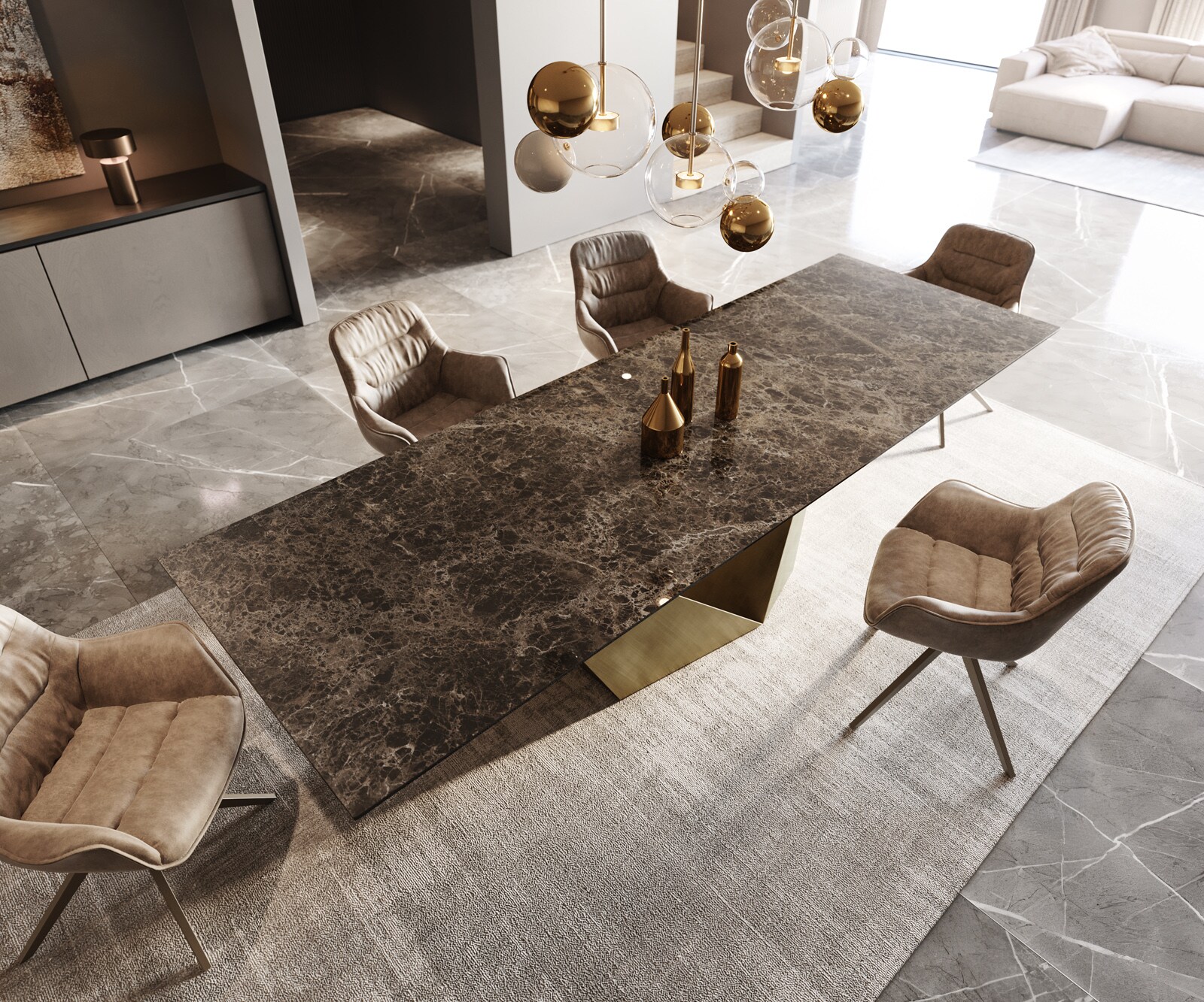 Маса за хранене Edge 300x100 Керамичен ламинат® Emperador Extra Lucidato Тъмнокафяво Prisma Metallic Gold 2