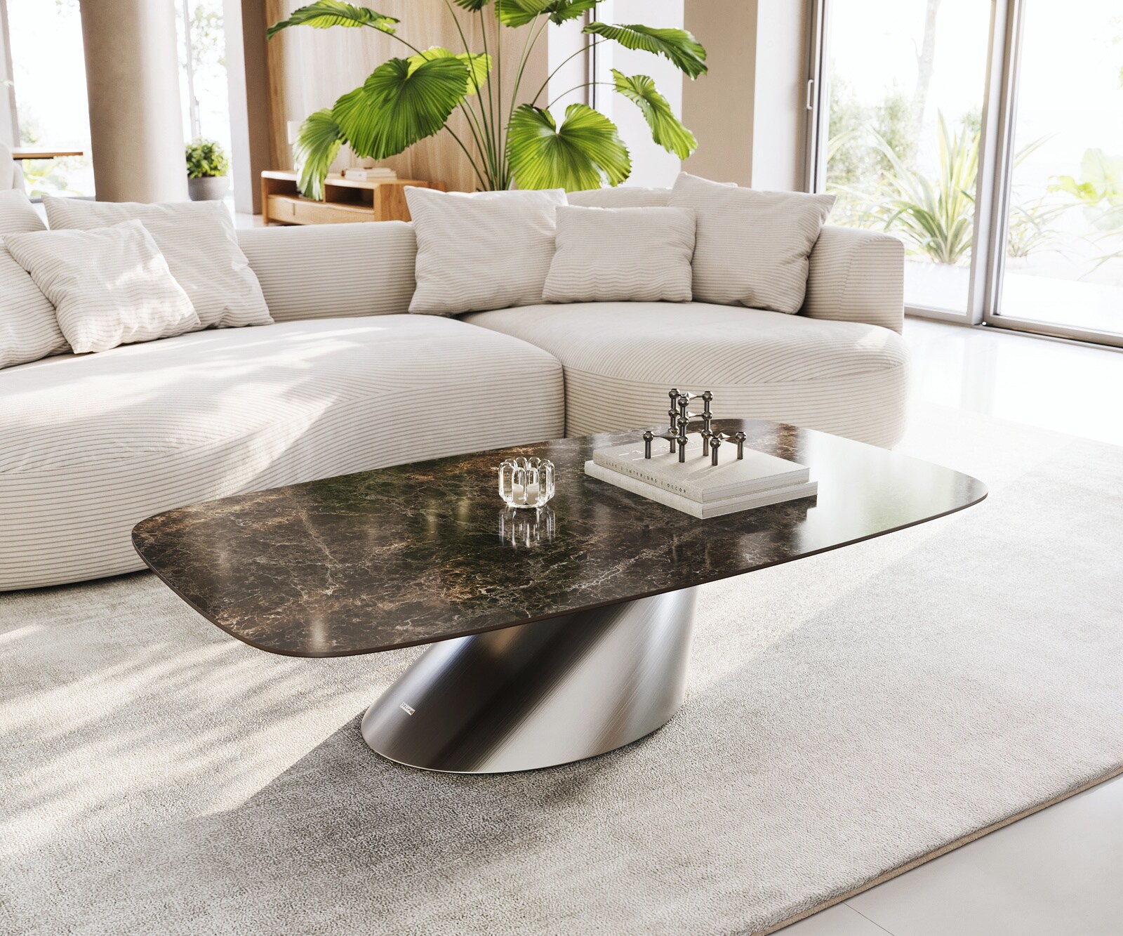 Масичка за кафе Edge Boot 140x80 cm керамика Laminam® Emperador Extra Lucidato Тъмно кафяво Conis матирана неръждаема стомана 1